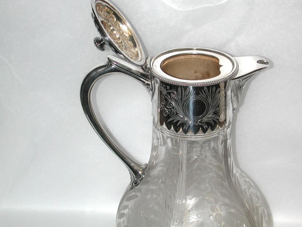 Antique Victorian Etched Glass and Silver Plated Claret Jug, Elkington & Co. 1
