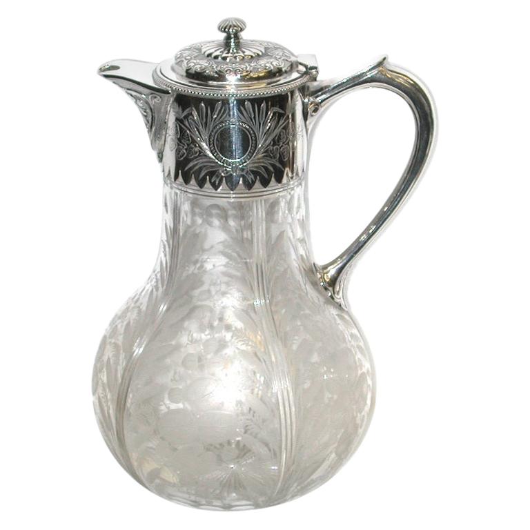 Antique Victorian Etched Glass and Silver Plated Claret Jug, Elkington & Co.