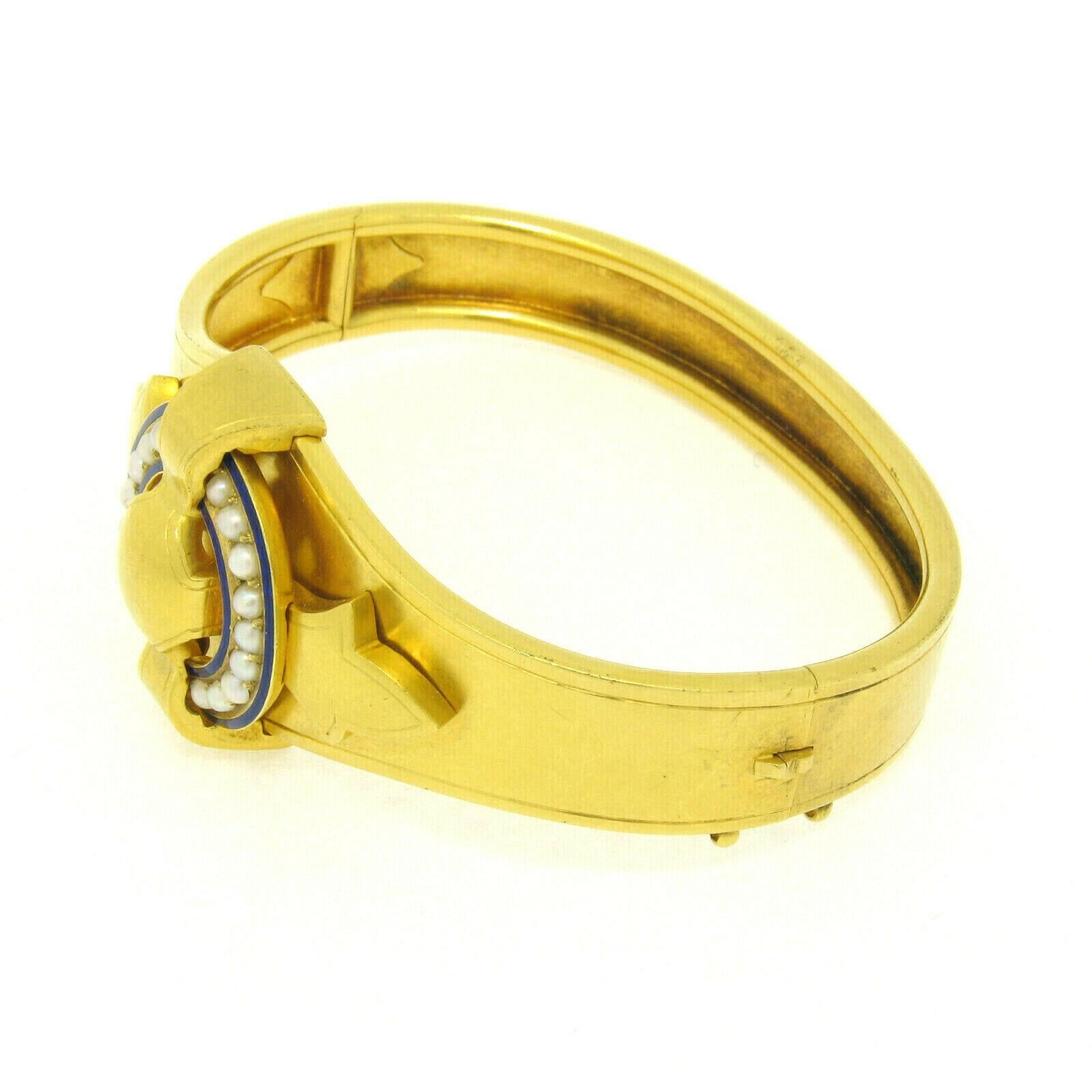 Round Cut Antique Victorian Etruscan 18K Gold Natural Pearl w/ Enamel Open Bangle Bracelet For Sale
