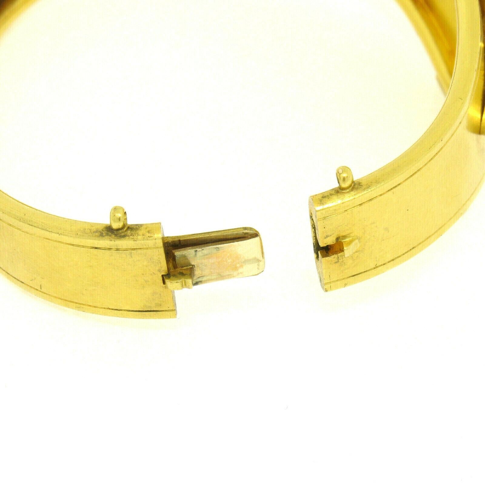 Antique Victorian Etruscan 18K Gold Natural Pearl w/ Enamel Open Bangle Bracelet For Sale 2