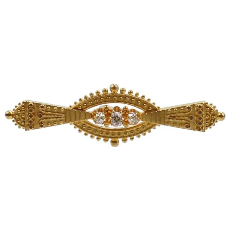 Antique Victorian Etruscan Revival 14 Karat Gold and Diamond Brooch or Pin For Sale