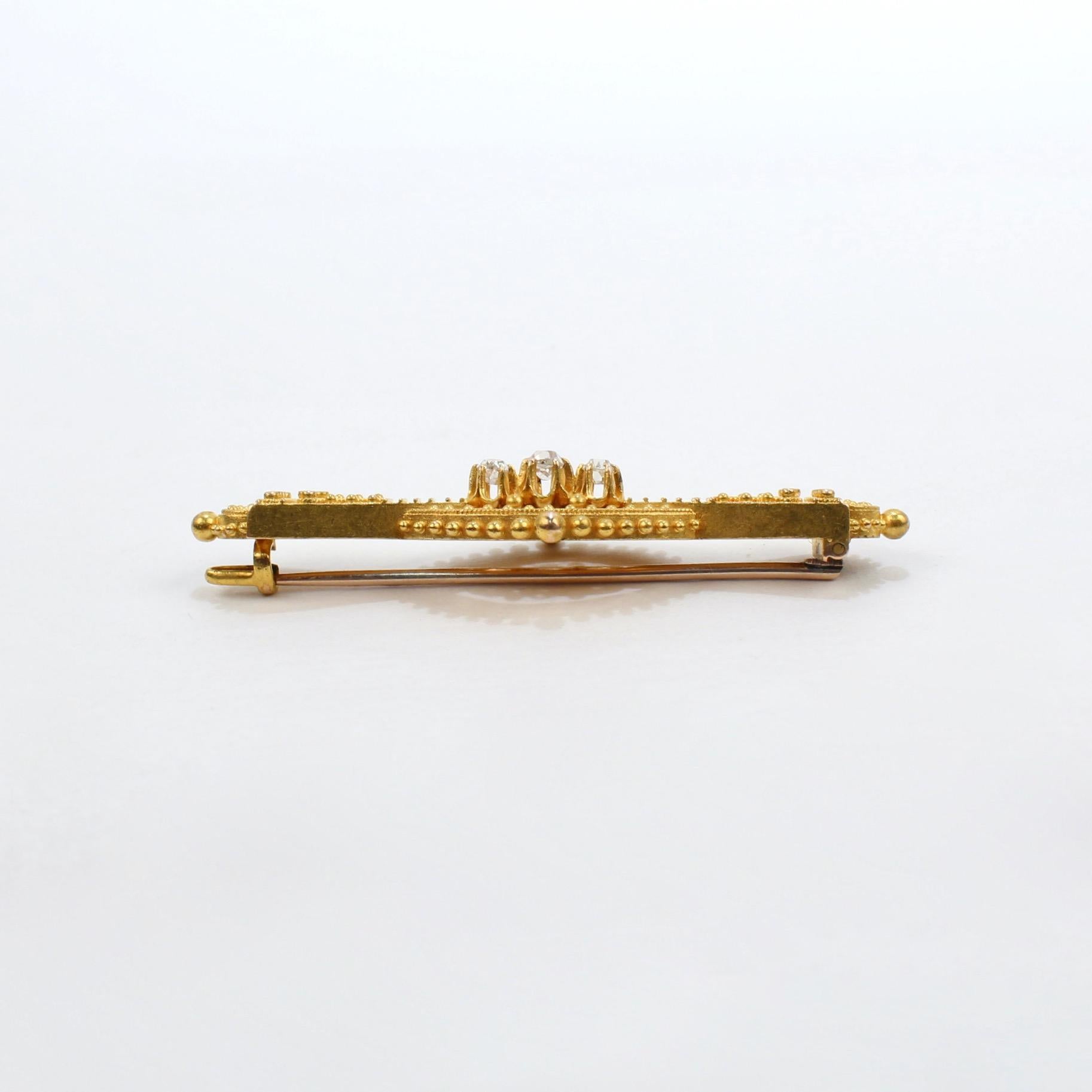 Antique Victorian Etruscan Revival 14 Karat Gold and Diamond Brooch or Pin For Sale 5