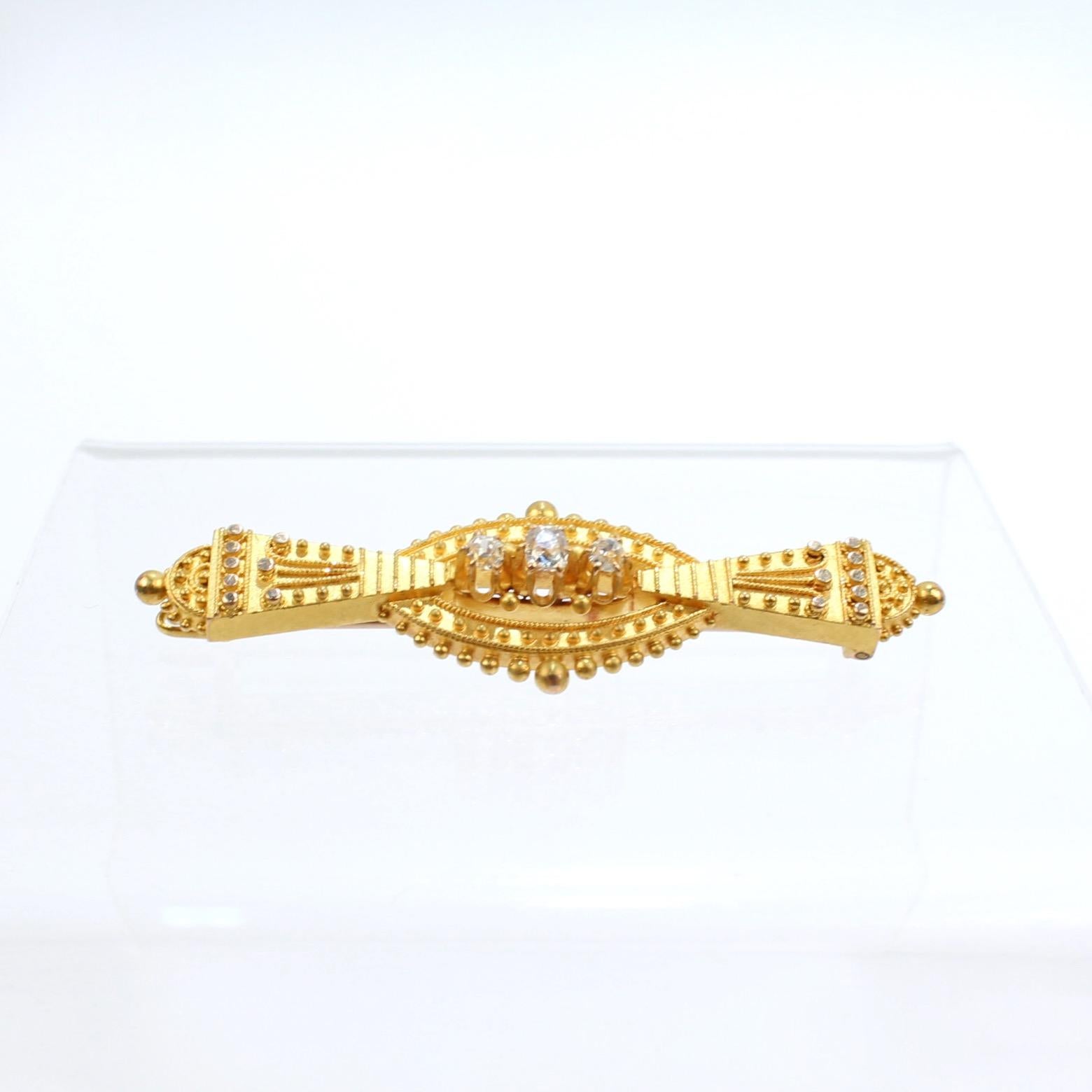 Round Cut Antique Victorian Etruscan Revival 14 Karat Gold and Diamond Brooch or Pin For Sale