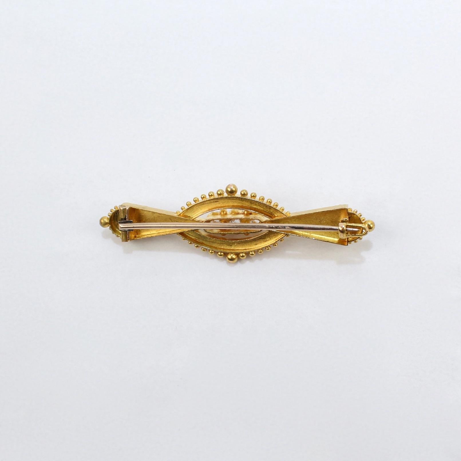 Women's Antique Victorian Etruscan Revival 14 Karat Gold and Diamond Brooch or Pin For Sale