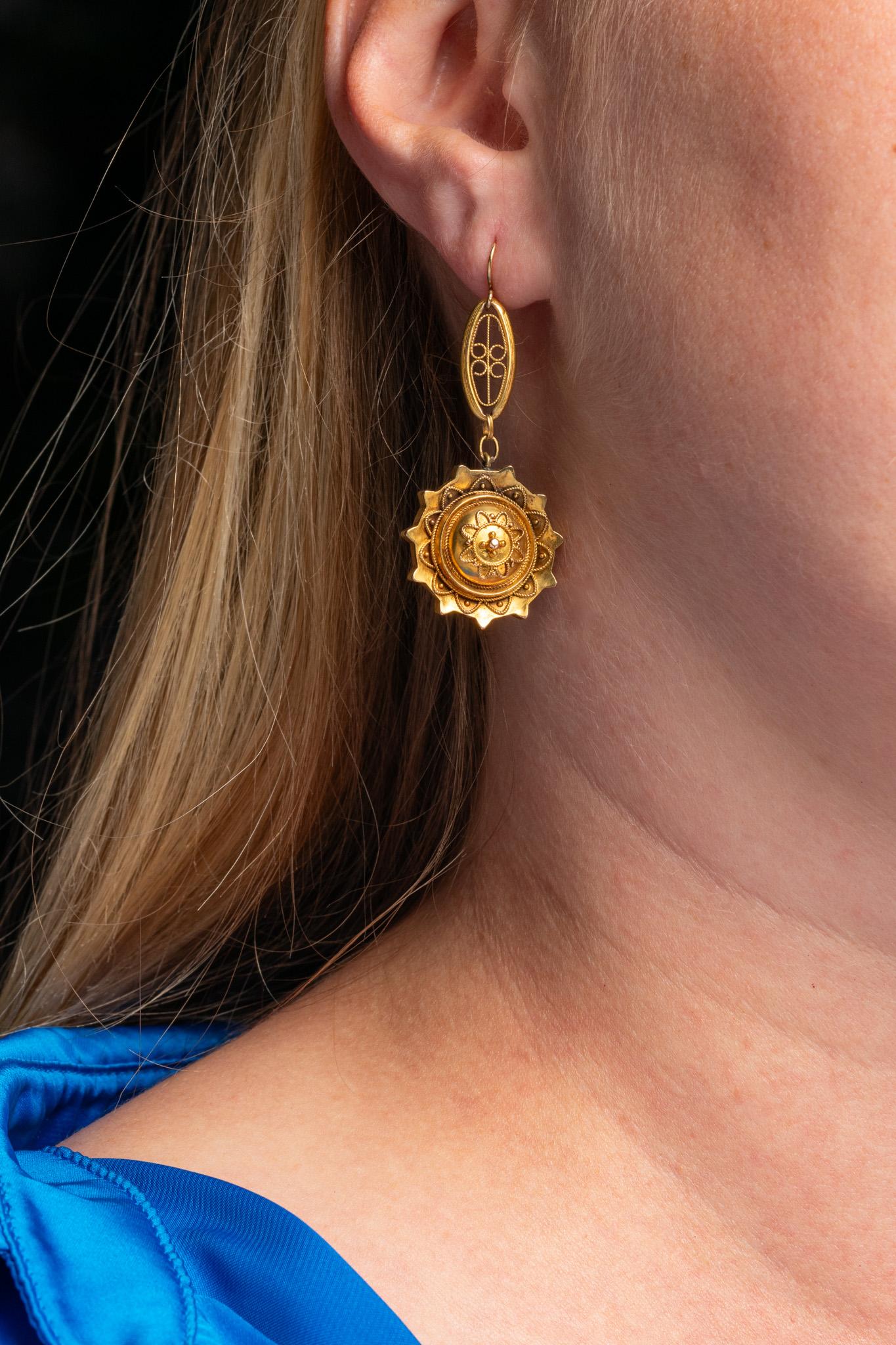 Antique Victorian Etruscan Revival 14ct Gold Earrings For Sale 2