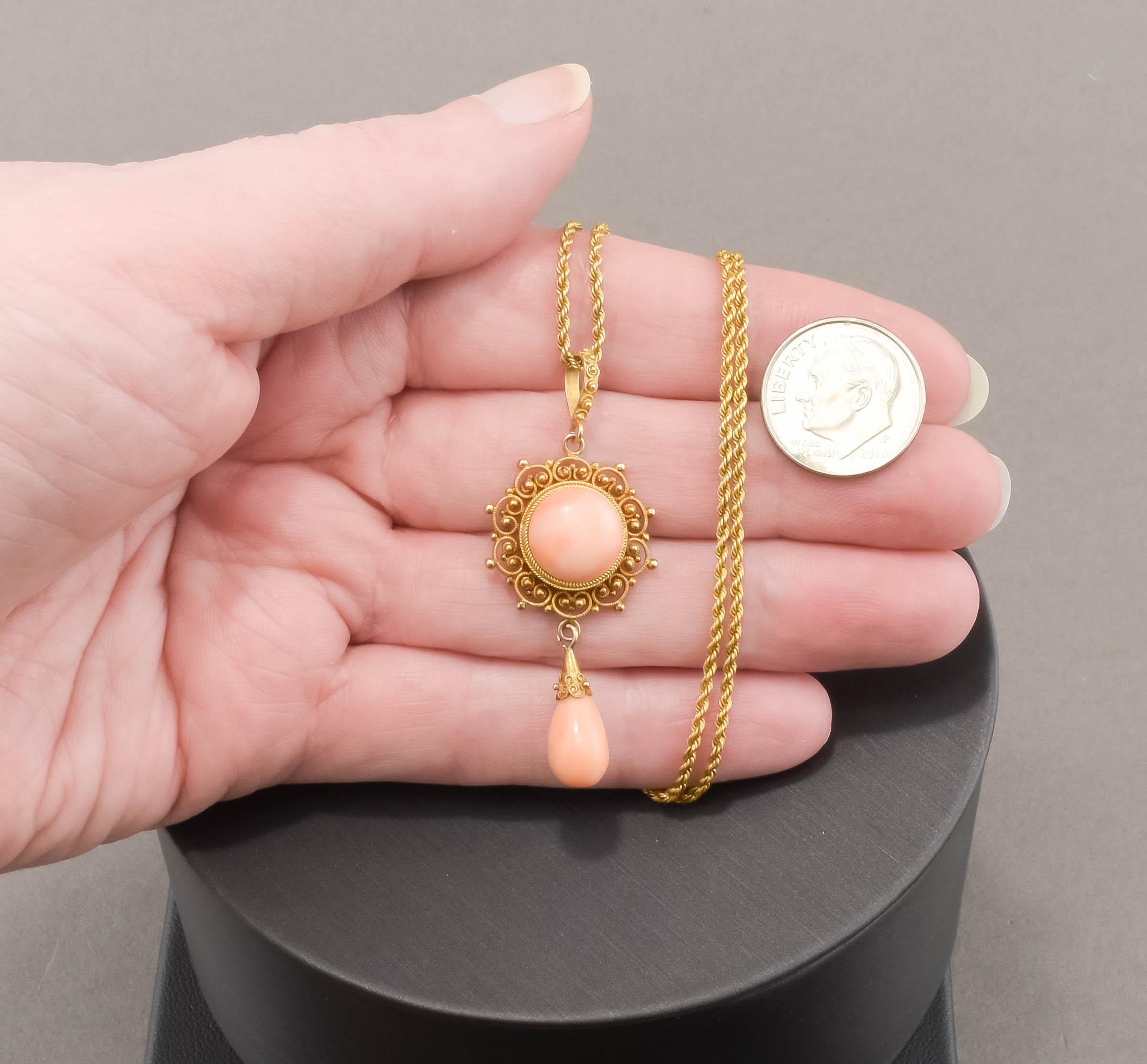 Antique Victorian Etruscan Revival 14K Gold Angel Skin Coral Necklace For Sale 4