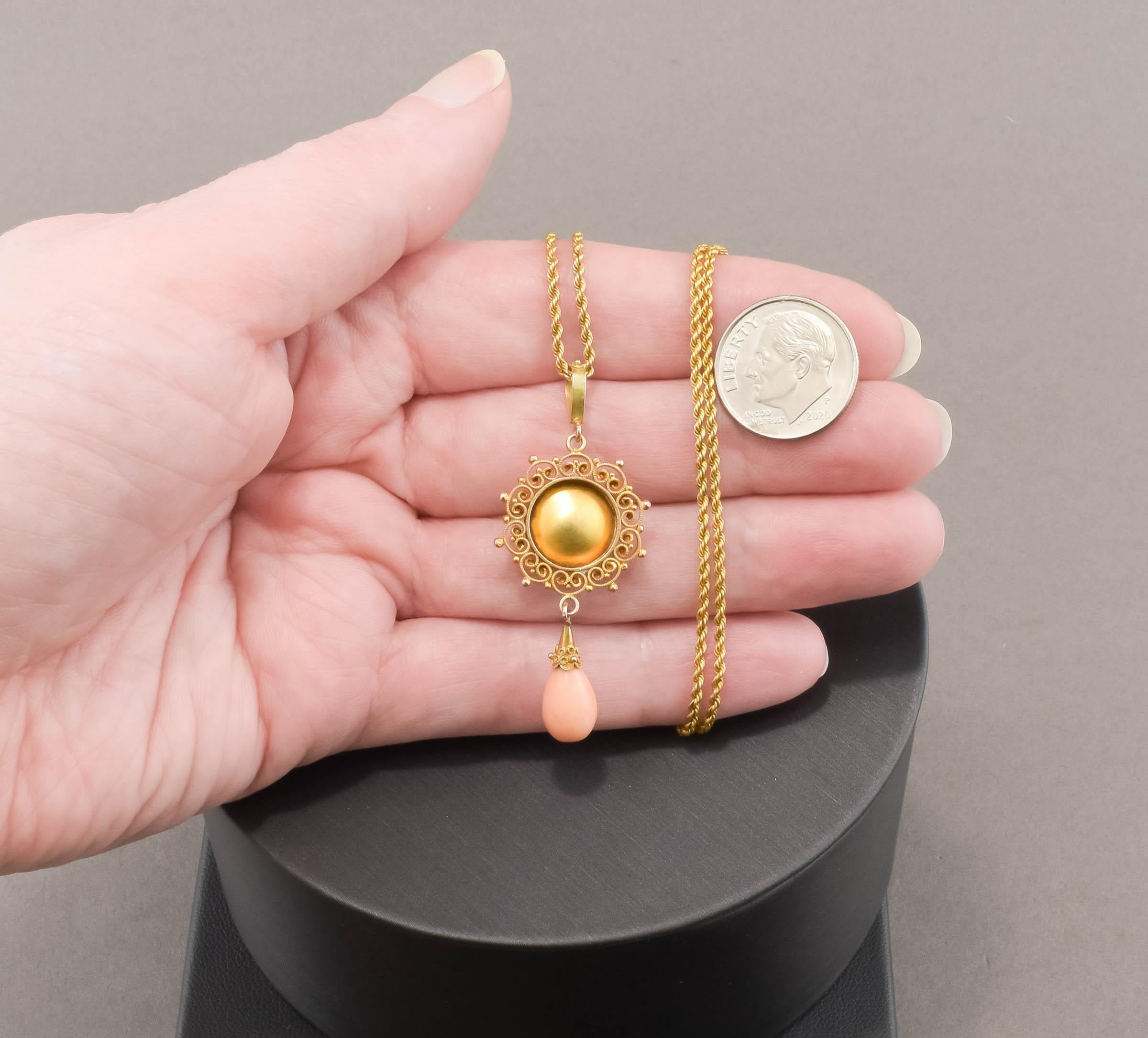 Antique Victorian Etruscan Revival 14K Gold Angel Skin Coral Necklace For Sale 5