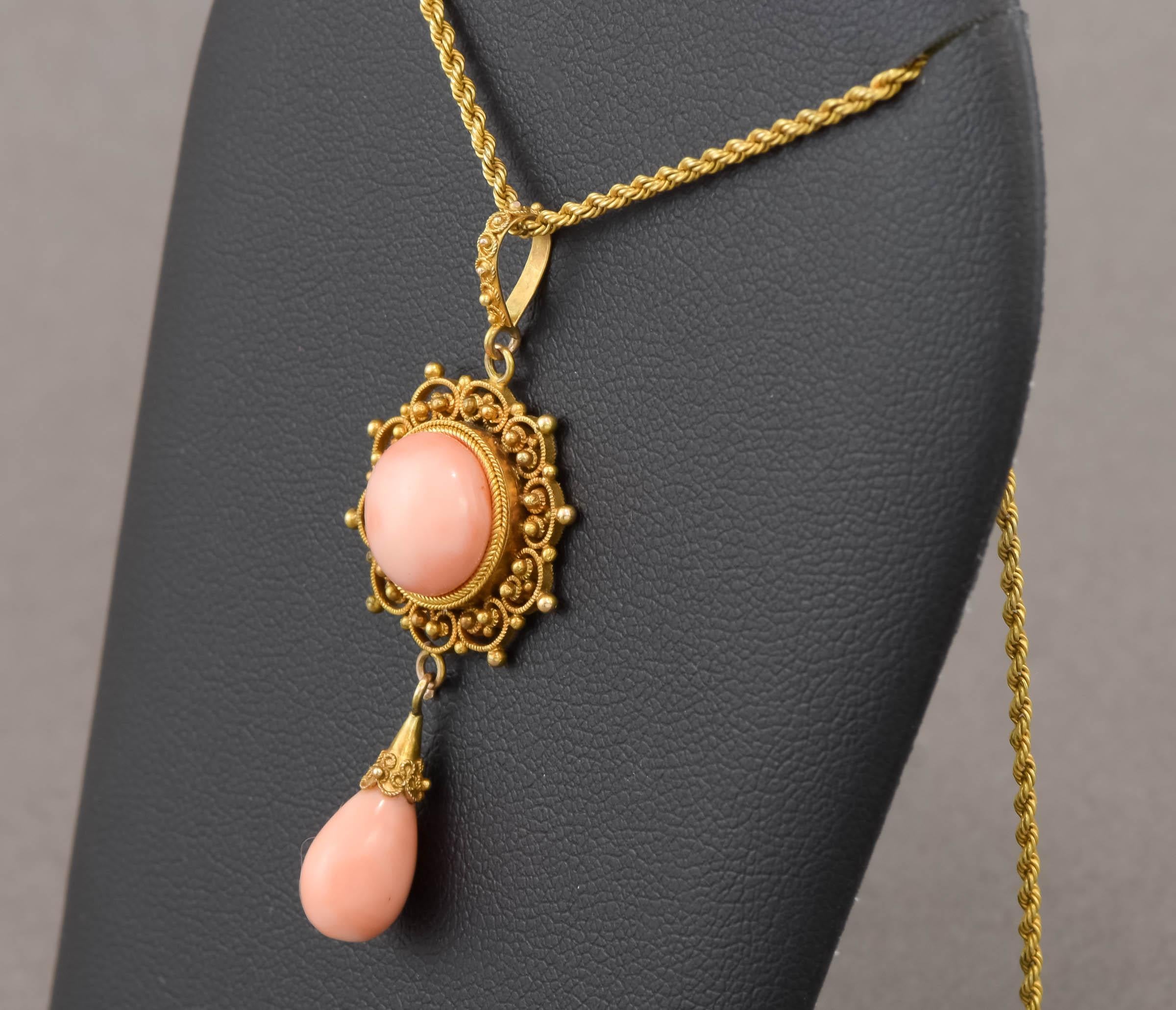 Cabochon Antique Victorian Etruscan Revival 14K Gold Angel Skin Coral Necklace For Sale