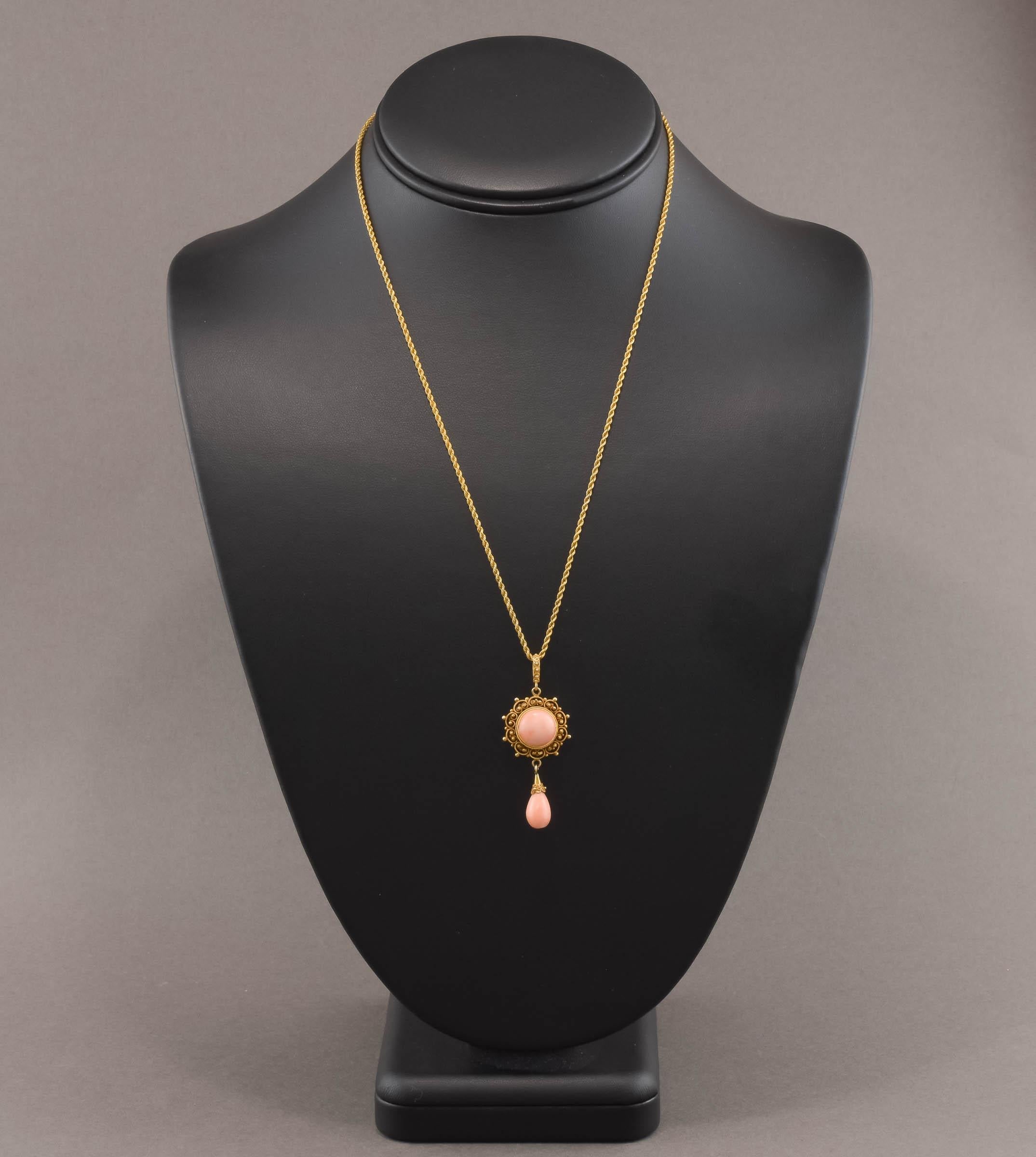 Cabochon Antique Victorian Etruscan Revival 14K Gold Angel Skin Coral Necklace For Sale