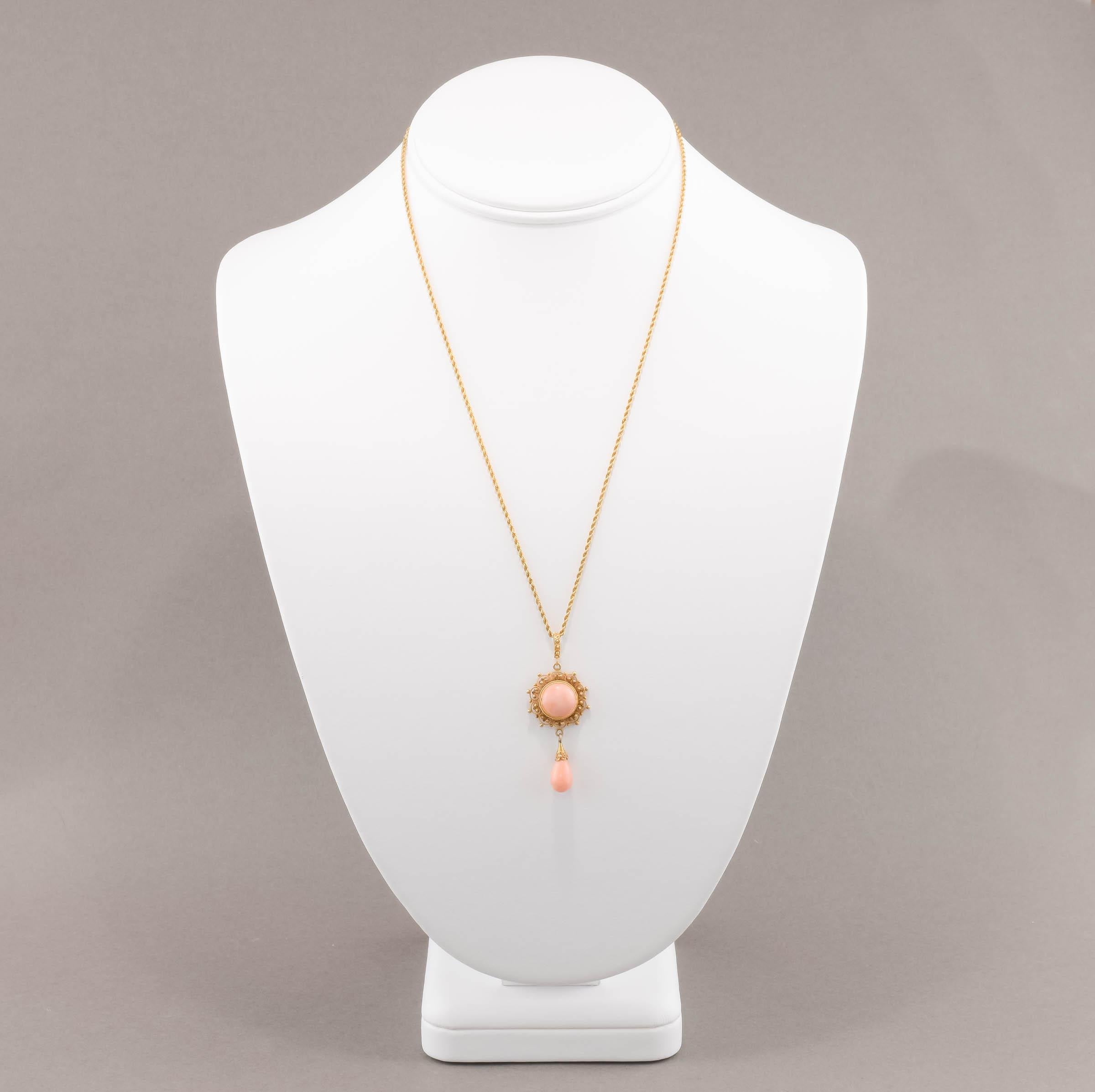 Antique Victorian Etruscan Revival 14K Gold Angel Skin Coral Necklace In Good Condition For Sale In Danvers, MA