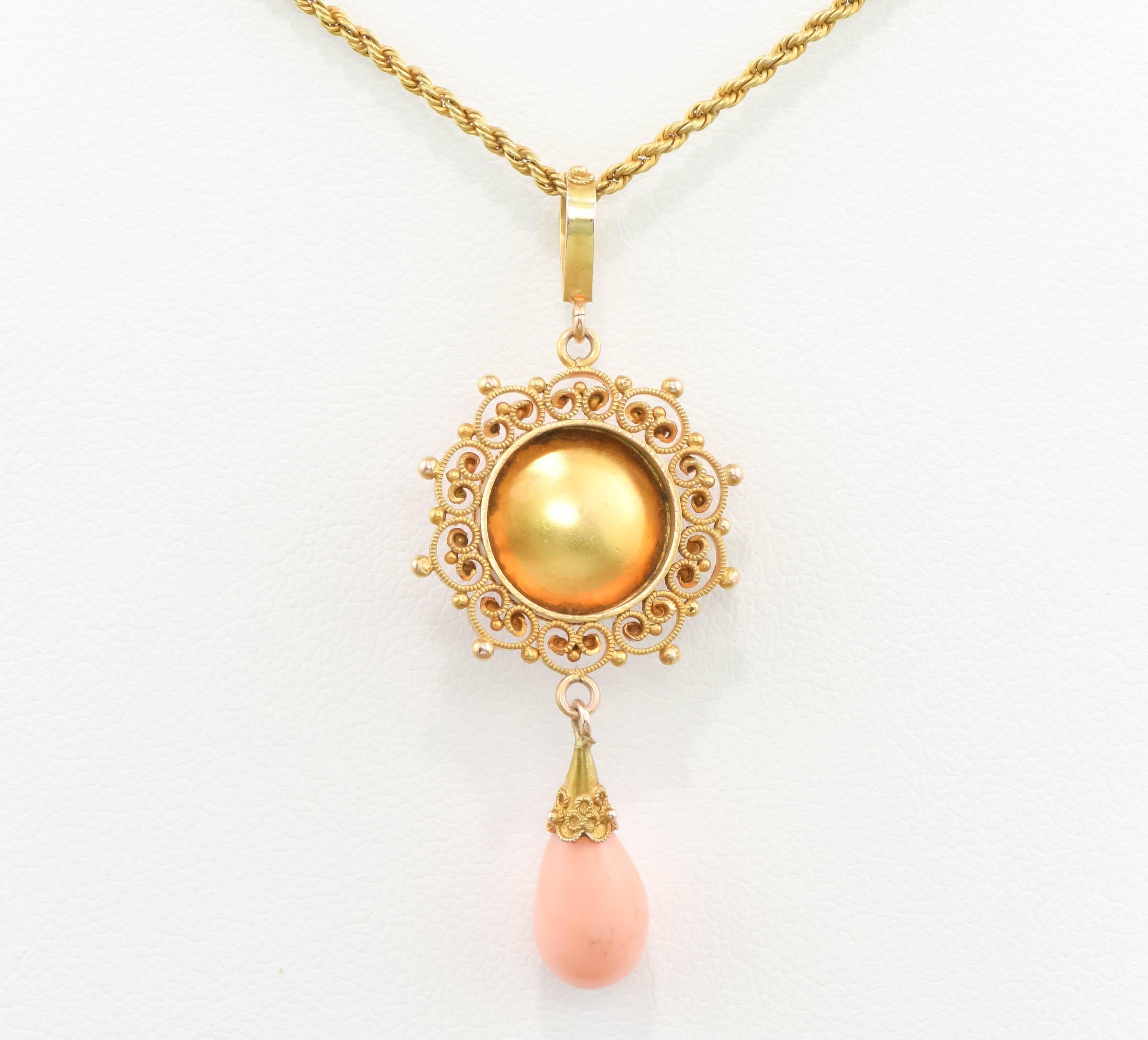 Women's Antique Victorian Etruscan Revival 14K Gold Angel Skin Coral Necklace For Sale