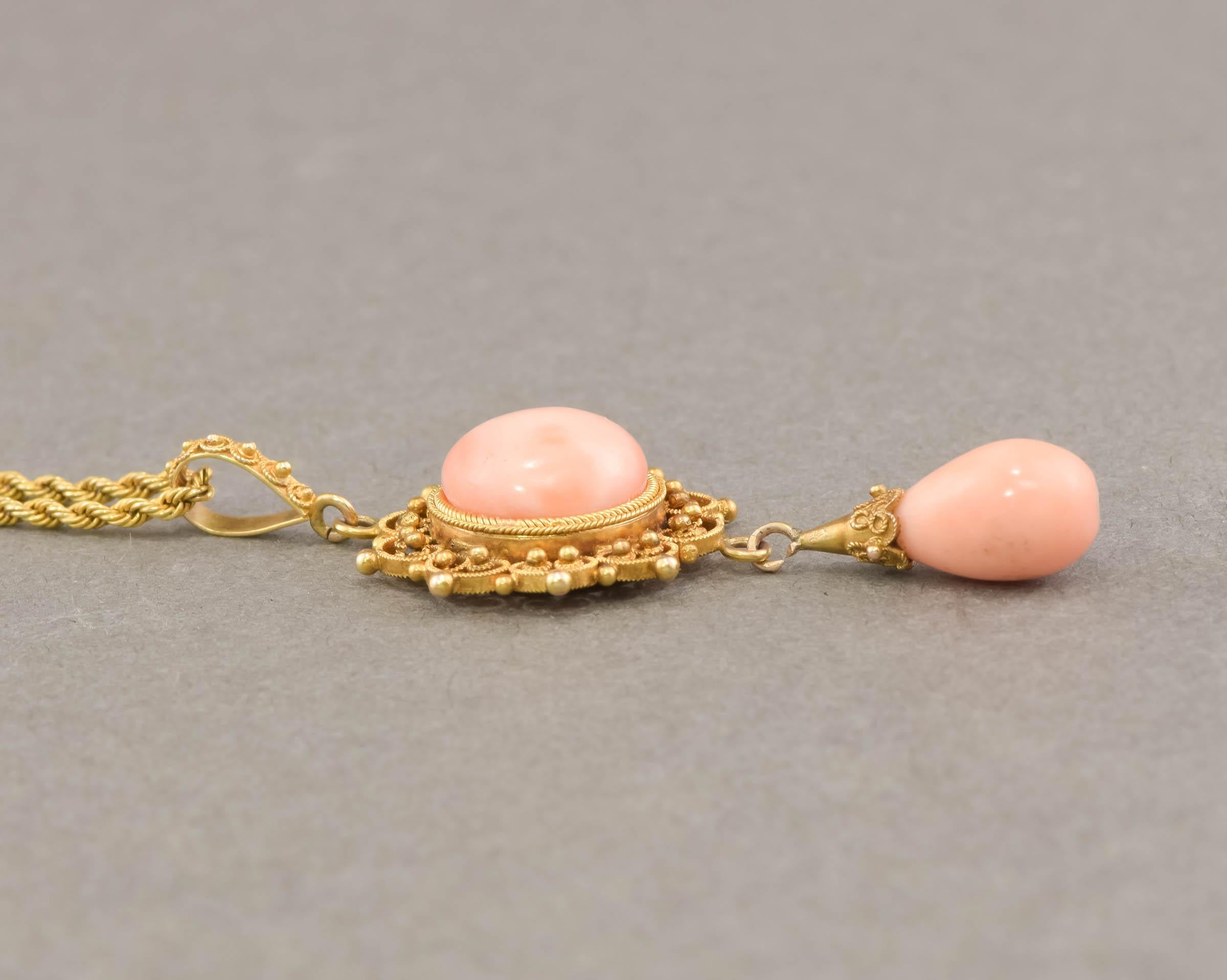 Antique Victorian Etruscan Revival 14K Gold Angel Skin Coral Necklace For Sale 2