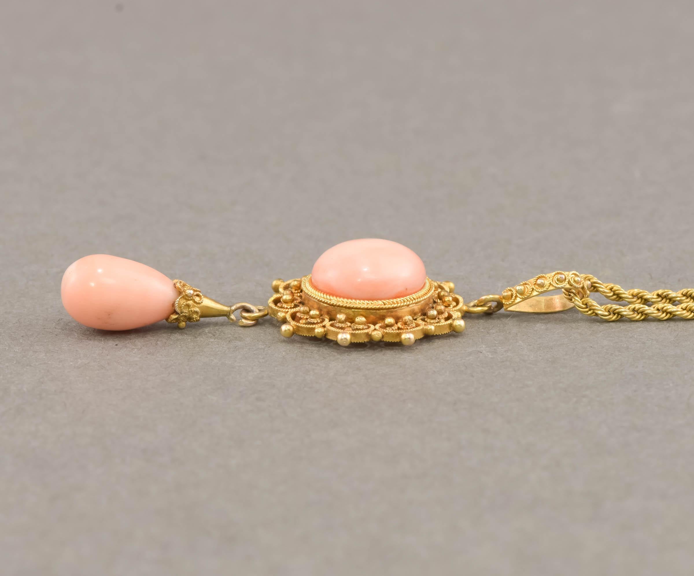 Antique Victorian Etruscan Revival 14K Gold Angel Skin Coral Necklace For Sale 3