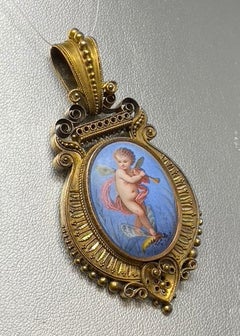 Victorian Etruscan Revival 14-Karat Yellow Gold and Enamel Cupid Pendant Locket