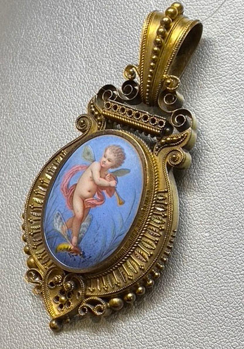 19th Century Victorian Etruscan Revival 14-Karat Yellow Gold and Enamel Cupid Pendant Locket
