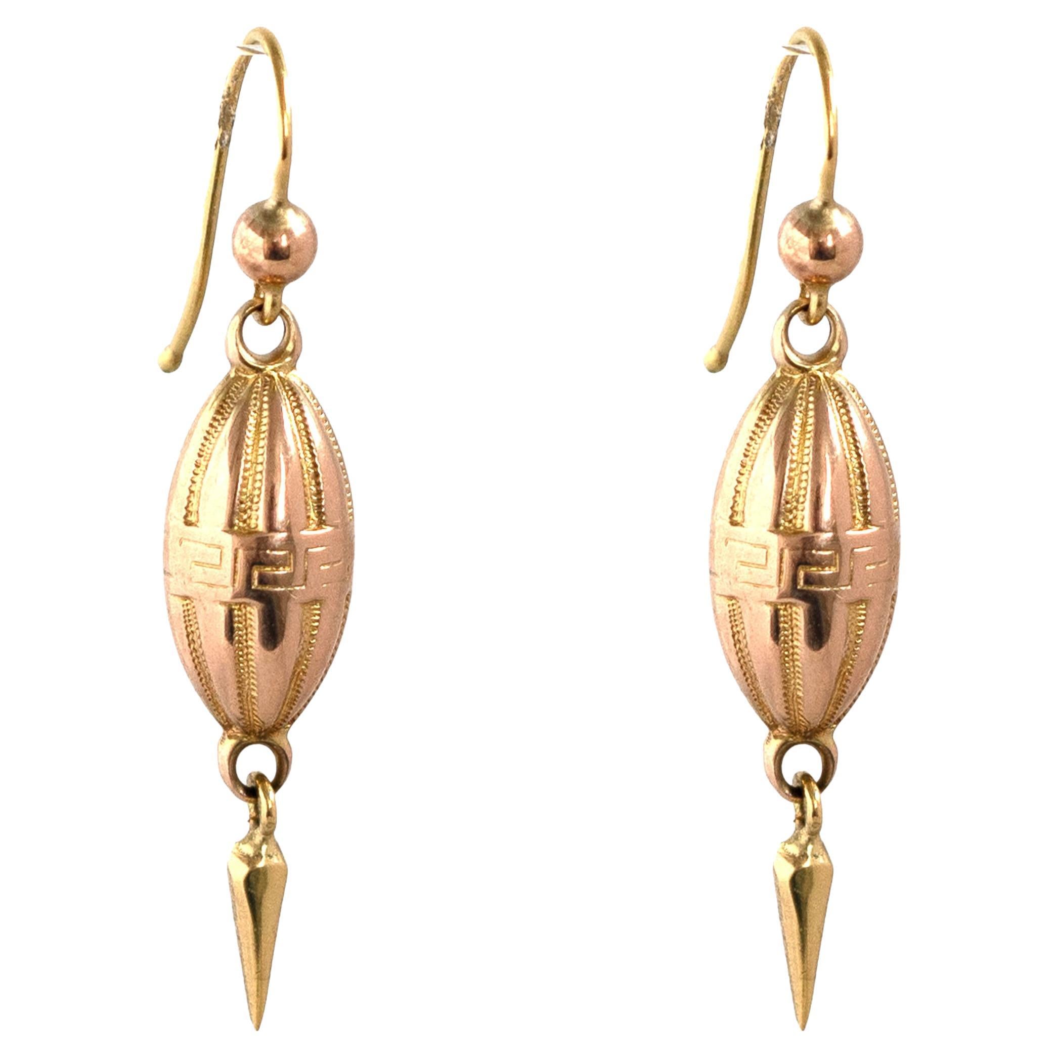 Antique Victorian Etruscan Revival 15ct Gold Drop Earrings
