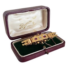 Antique Victorian Etruscan Revival 15ct Gold Ruby & Old Mine Diamond Bar Brooch
