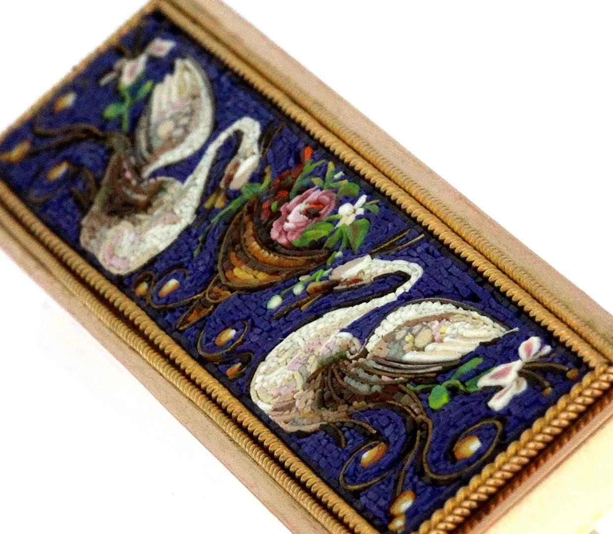 Square Cut Antique, Victorian Etruscan Revival 1880s Micro Mosaic Gold Swan Brooch/Tie Pin For Sale