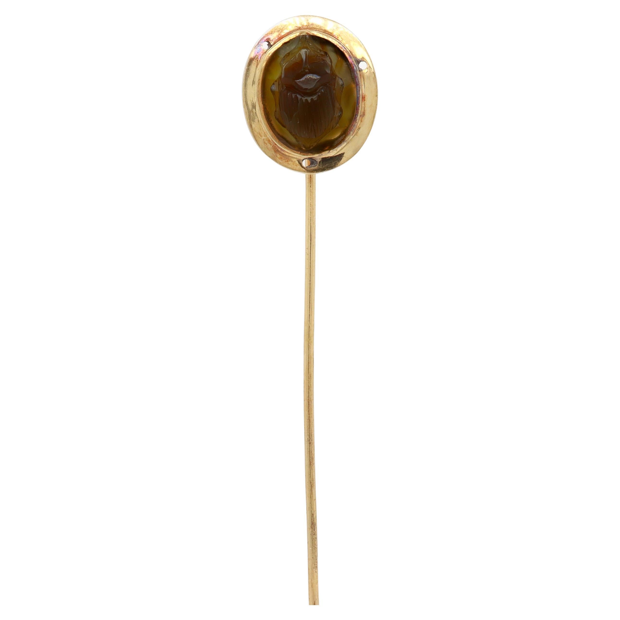 Antique Victorian Etruscan Revival 18K Gold & Carved Agate Scarab Stickpin