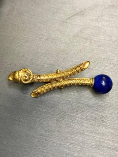 Antique Victorian Etruscan Revival 18k Gold Rams Head Lapis Bypass Pin Brooch