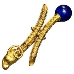 Antique Victorian Etruscan Revival 18k Gold Rams Head Lapis Bypass Pin Brooch