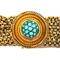 Antique Victorian Etruscan Revival 18K Yellow Gold and Turquoise Bracelet.