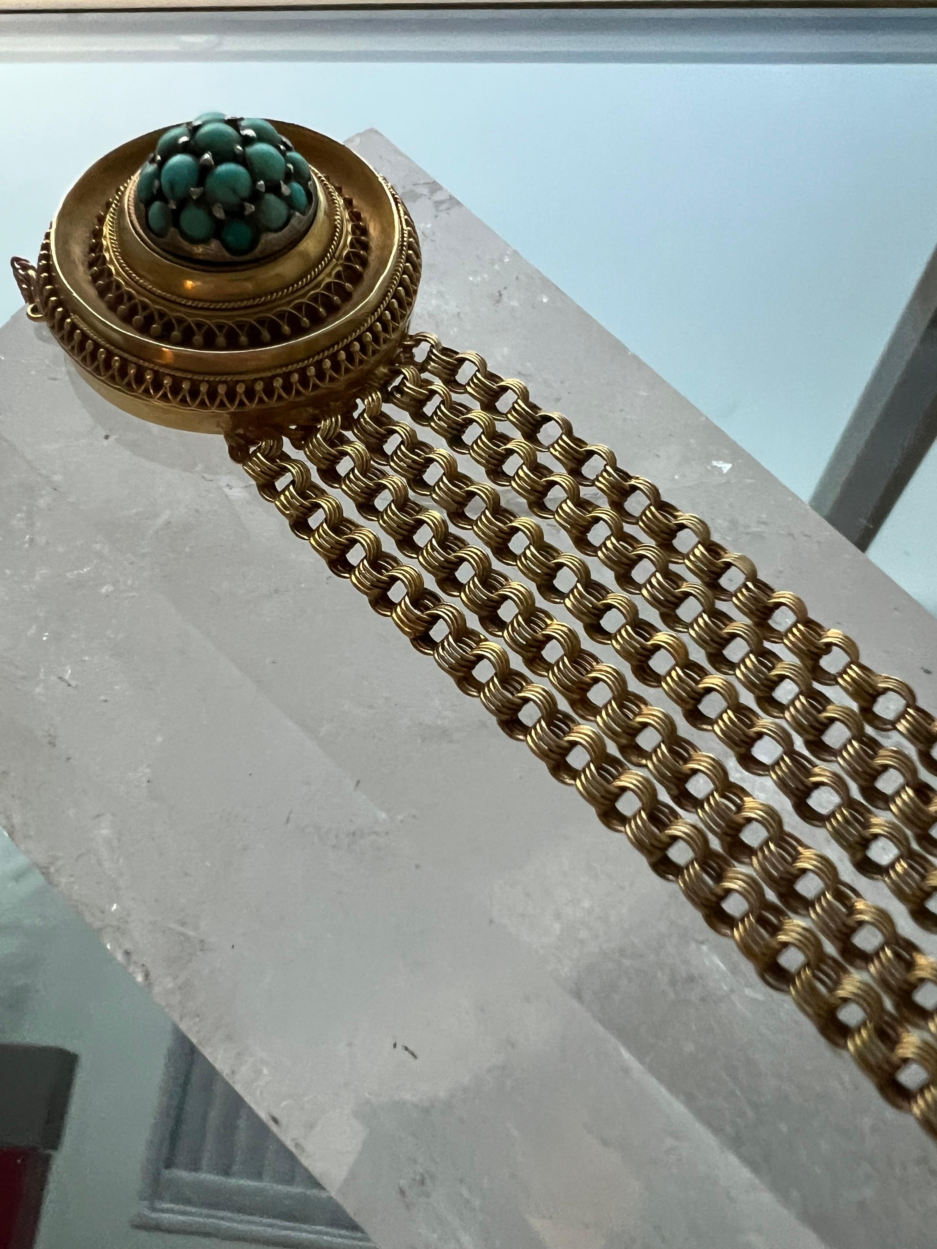 Antique Victorian Etruscan Revival 18K Yellow Gold and Turquoise Bracelet. In Good Condition For Sale In San Francisco, CA
