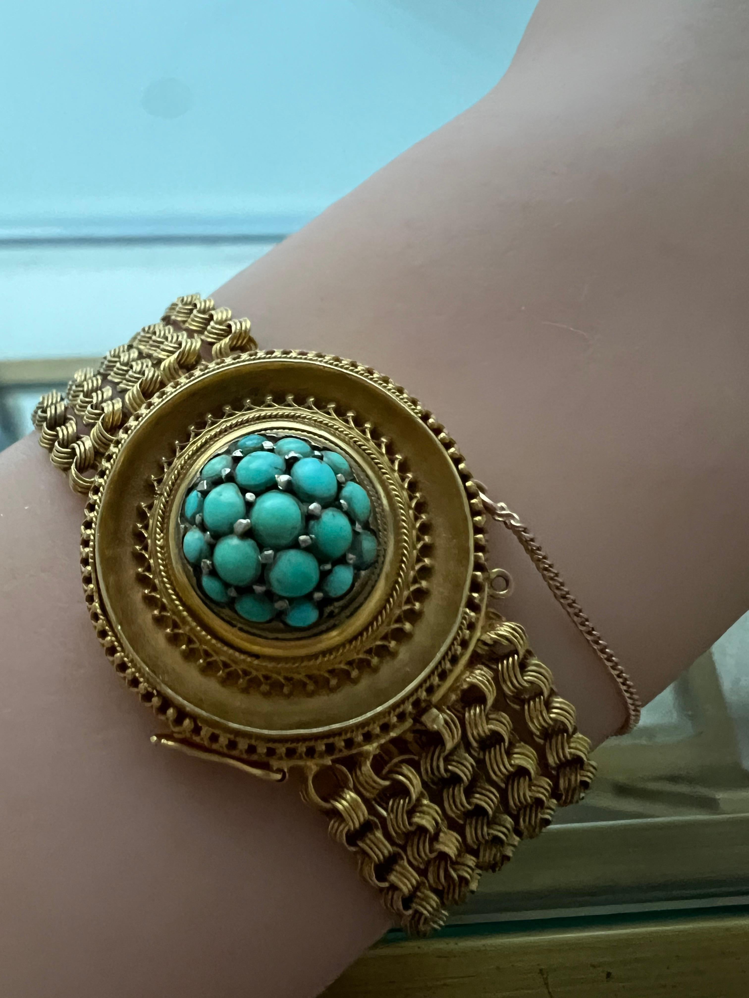 Women's or Men's Antique Victorian Etruscan Revival 18K Yellow Gold and Turquoise Bracelet. For Sale