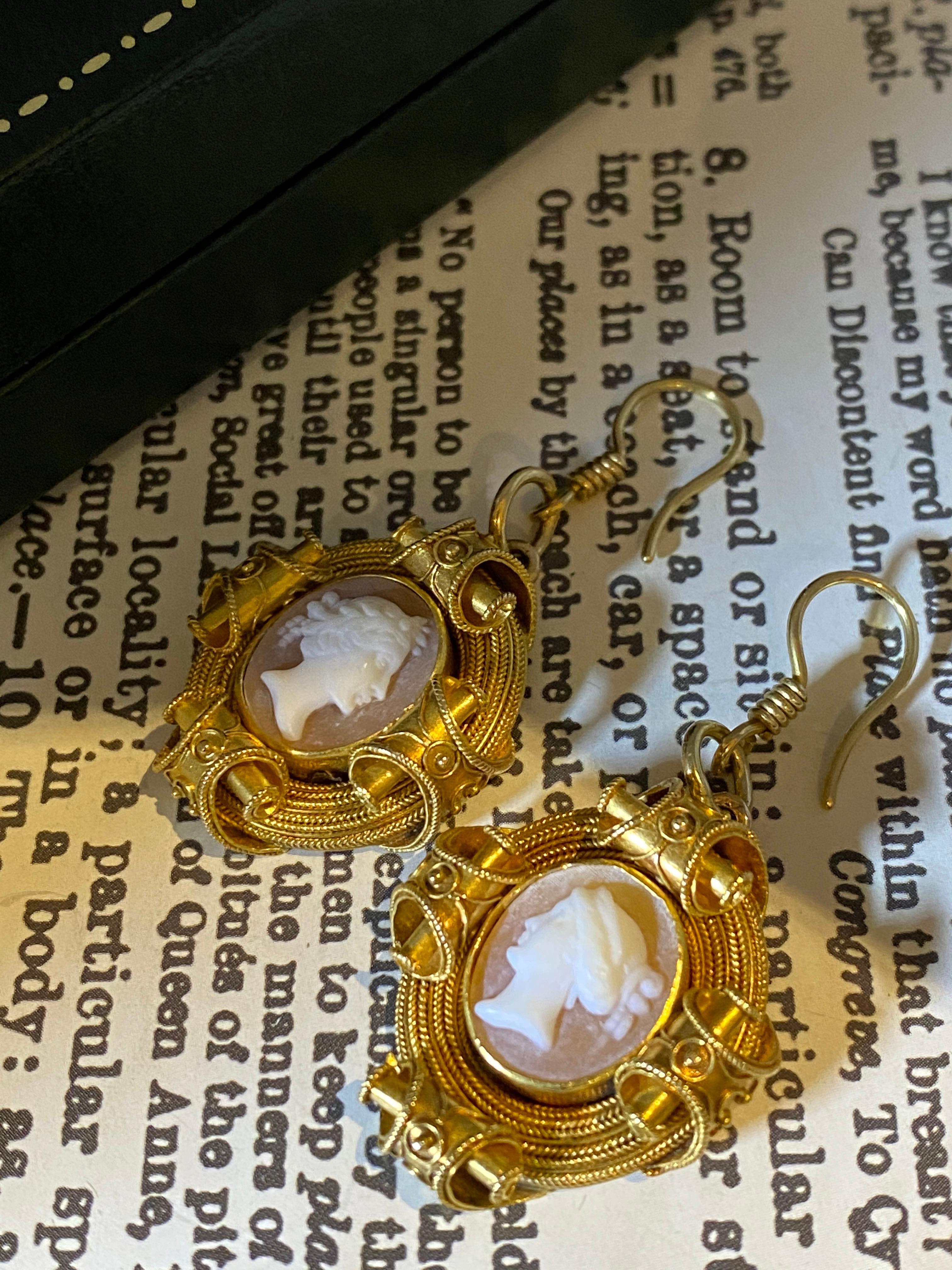 Meticulously crafted in 18K yellow gold 
this magnificent Pair of Drop / Pendant Earrings
date from mid-Victorian era & 
is a fine & rare example of Antique Etruscan Revival jewelry.

Etruscan Revival pieces reflect the fascination of Victorian era
