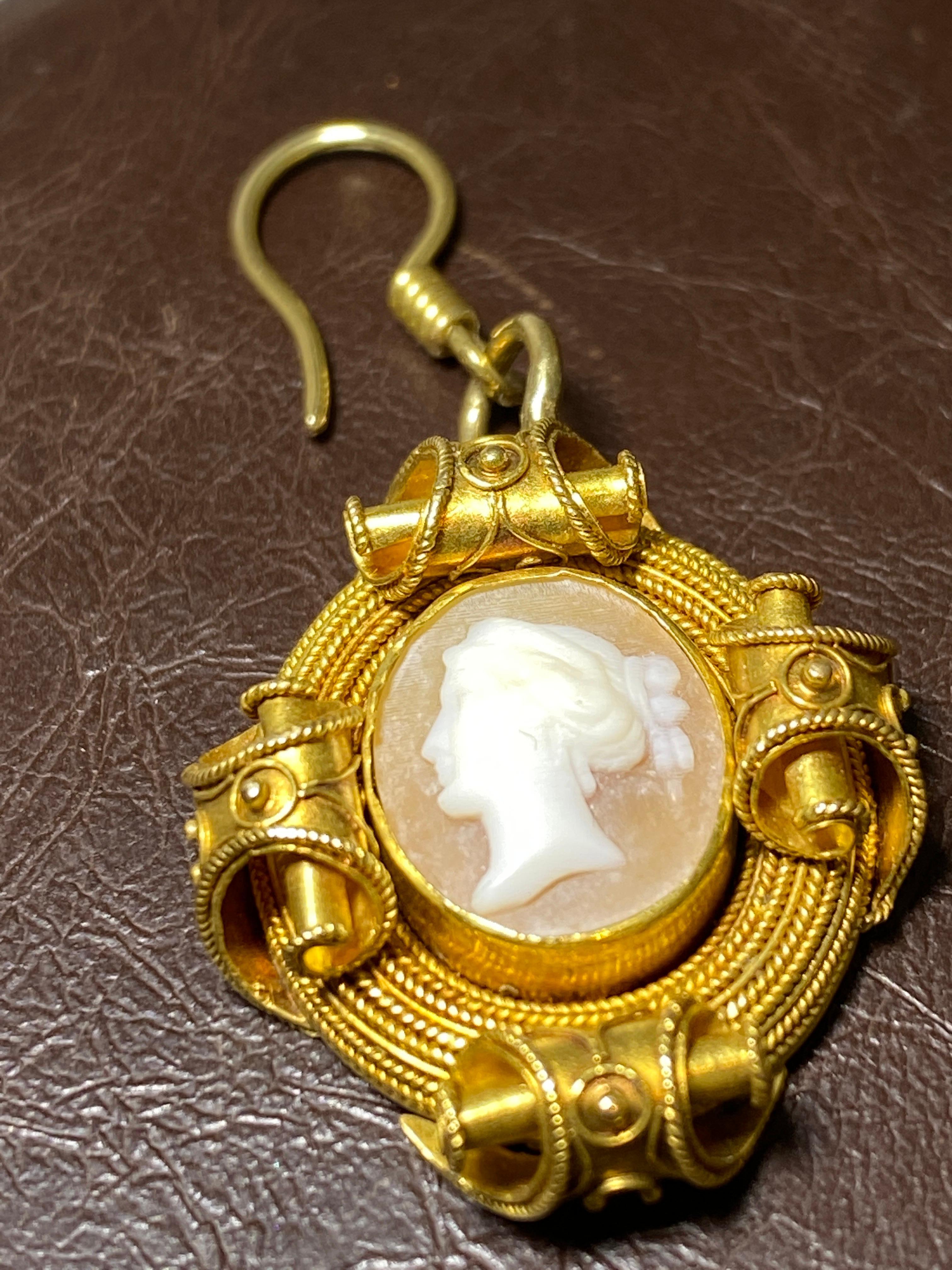 Women's Antique Victorian Etruscan Revival 18K Yellow Gold & Shell Cameo Dangle Earrings For Sale