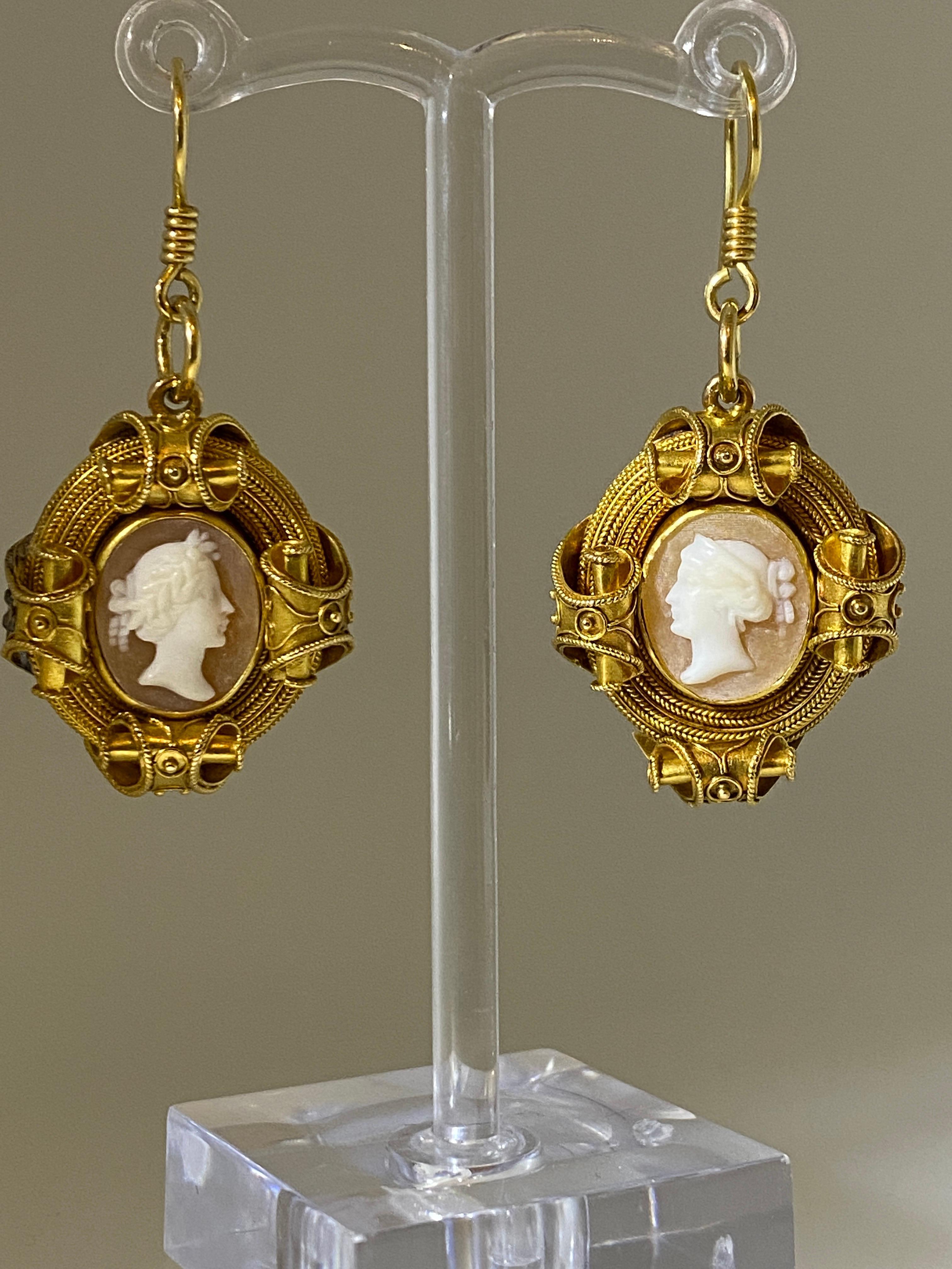 Antique Victorian Etruscan Revival 18K Yellow Gold & Shell Cameo Dangle Earrings For Sale 1