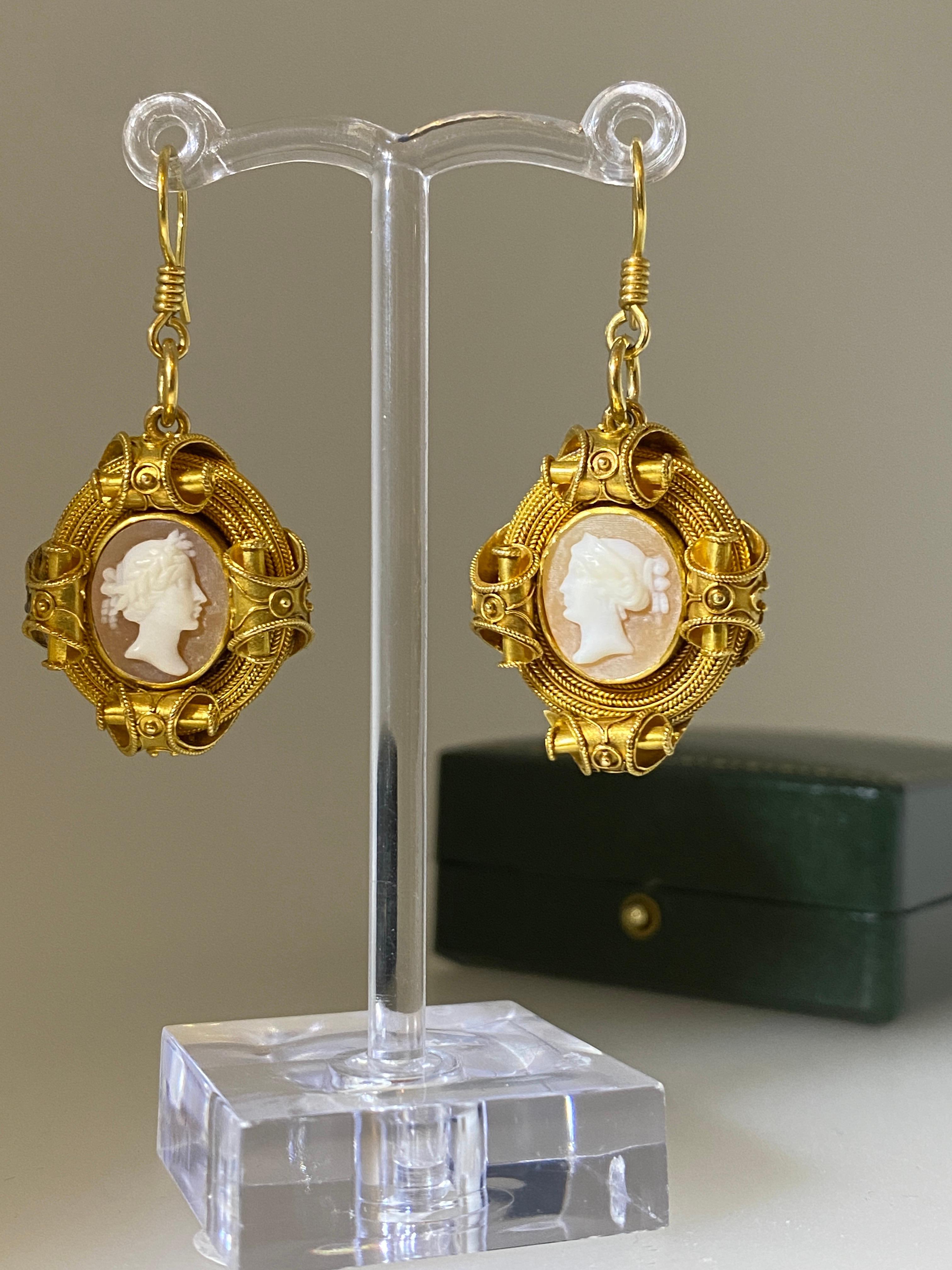 Women's Antique Victorian Etruscan Revival 18K Yellow Gold & Shell Cameo Dangle Earrings For Sale