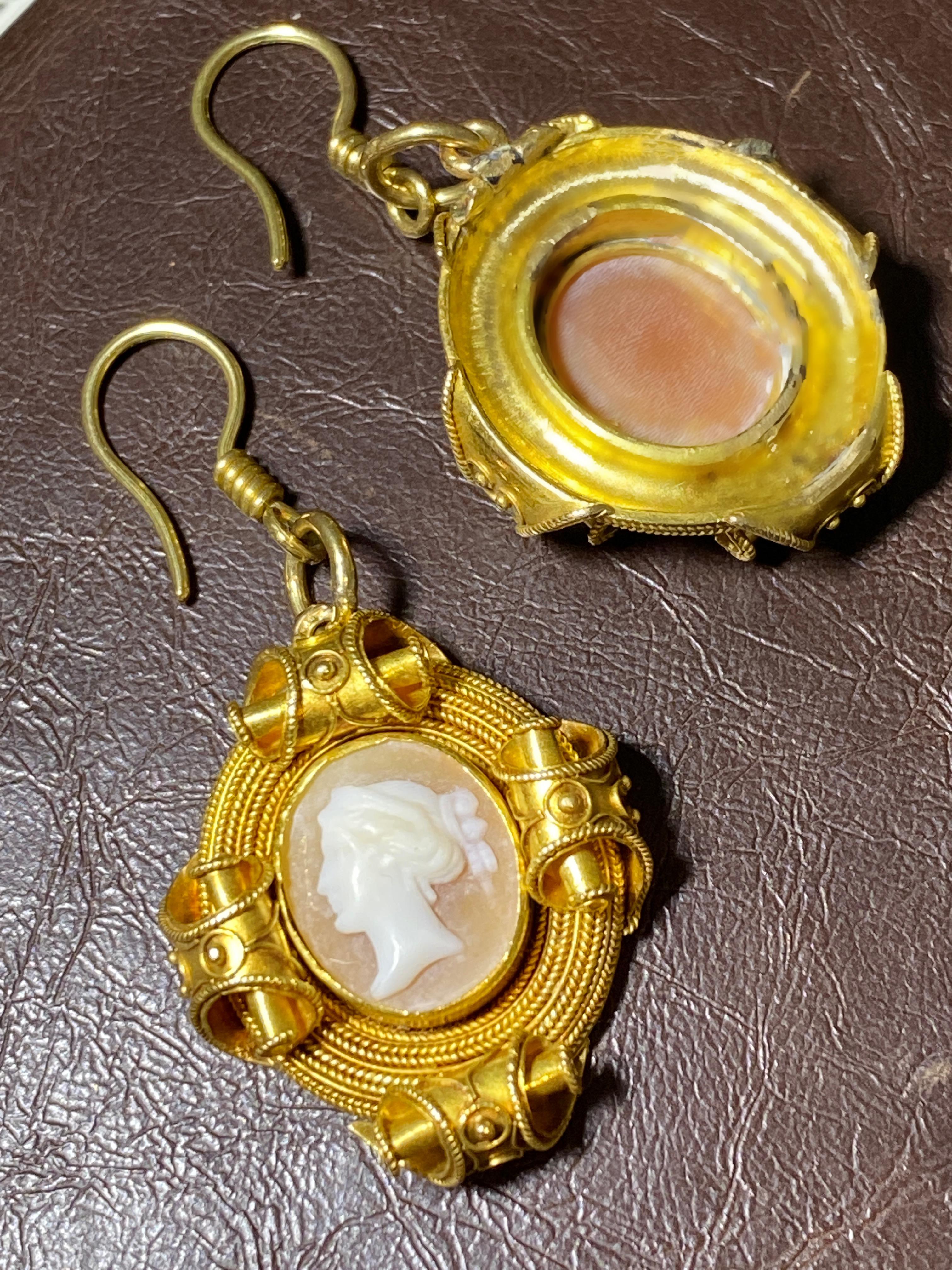 Antique Victorian Etruscan Revival 18K Yellow Gold & Shell Cameo Dangle Earrings For Sale 4