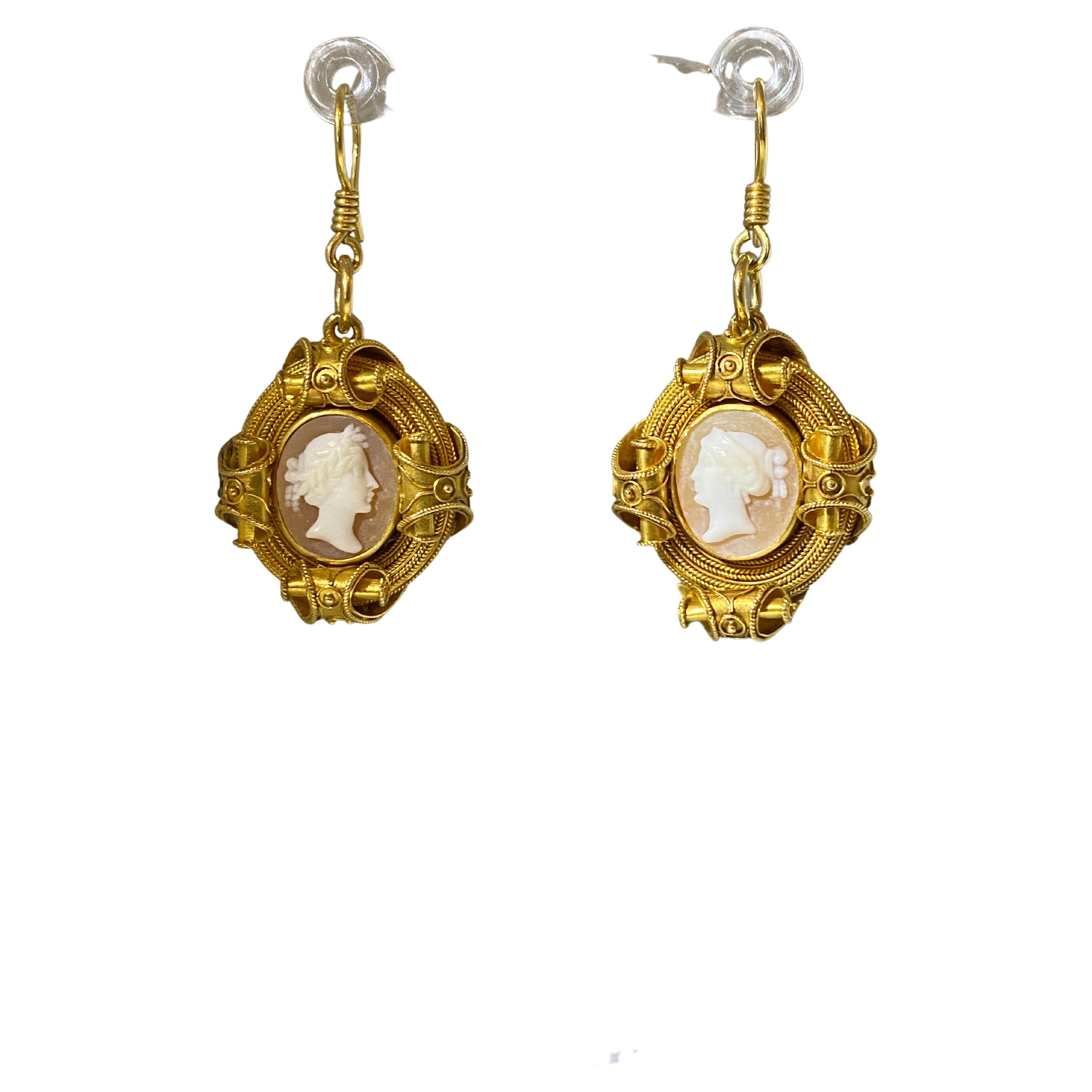 Antique Victorian Etruscan Revival 18K Yellow Gold & Shell Cameo Dangle Earrings For Sale