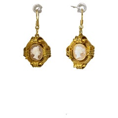 Antique Victorian Etruscan Revival 18K Yellow Gold & Shell Cameo Dangle Earrings
