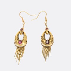 Antique Victorian Etruscan Revival Almandine Garnet Hoop Earrings