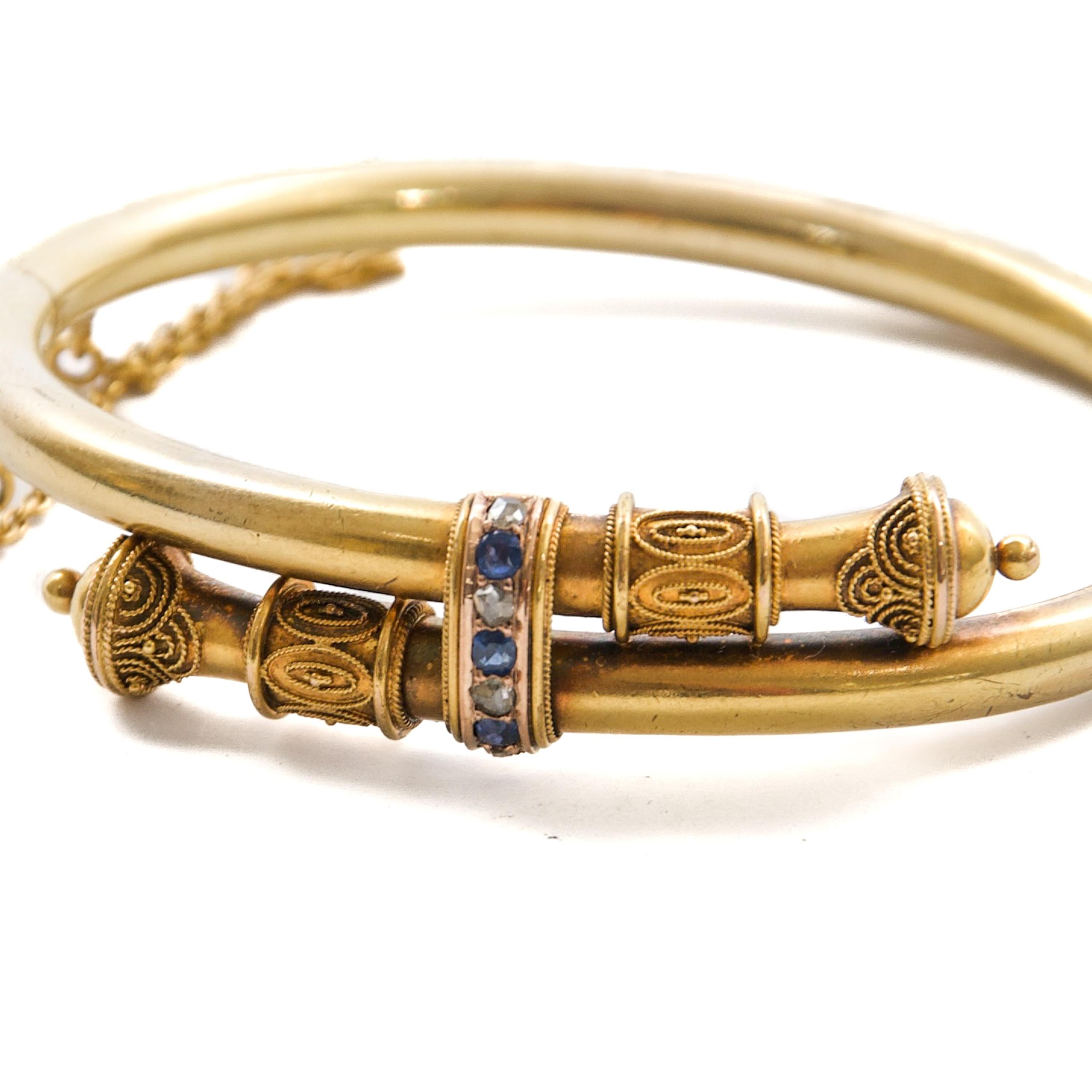 Bracelet victorien ancien de style étrusque avec diamants et saphirs en or 14 carats, 1880 en vente 2