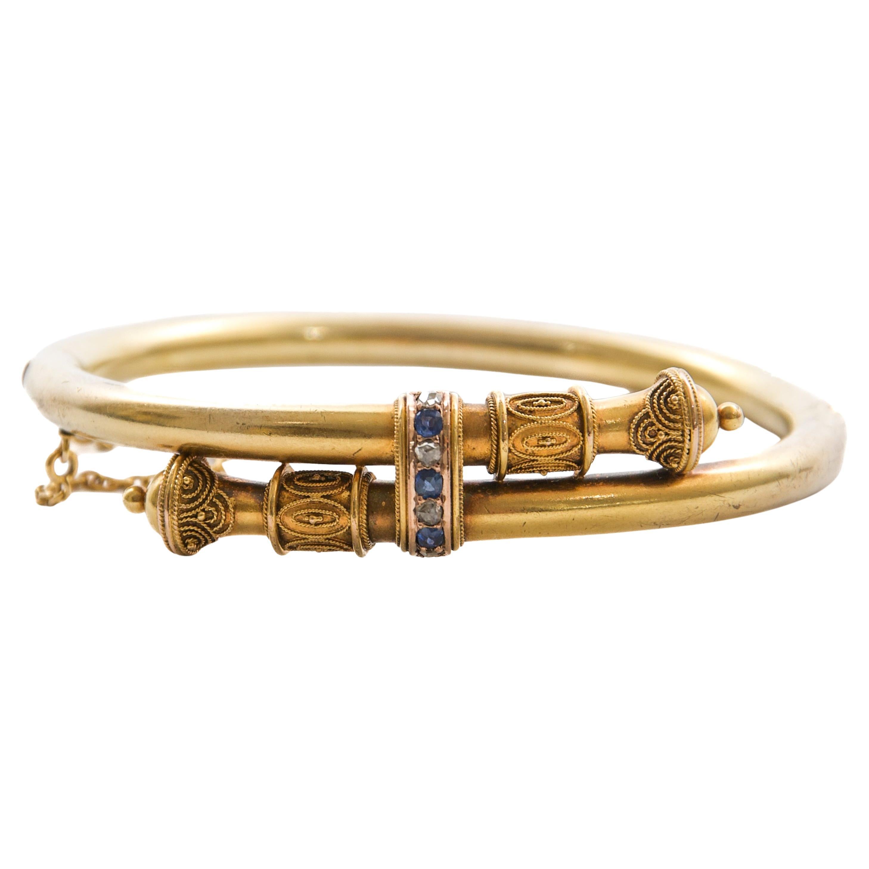 Antique Victorian Etruscan Revival Diamonds Sapphires 14K Gold Bracelet, 1880