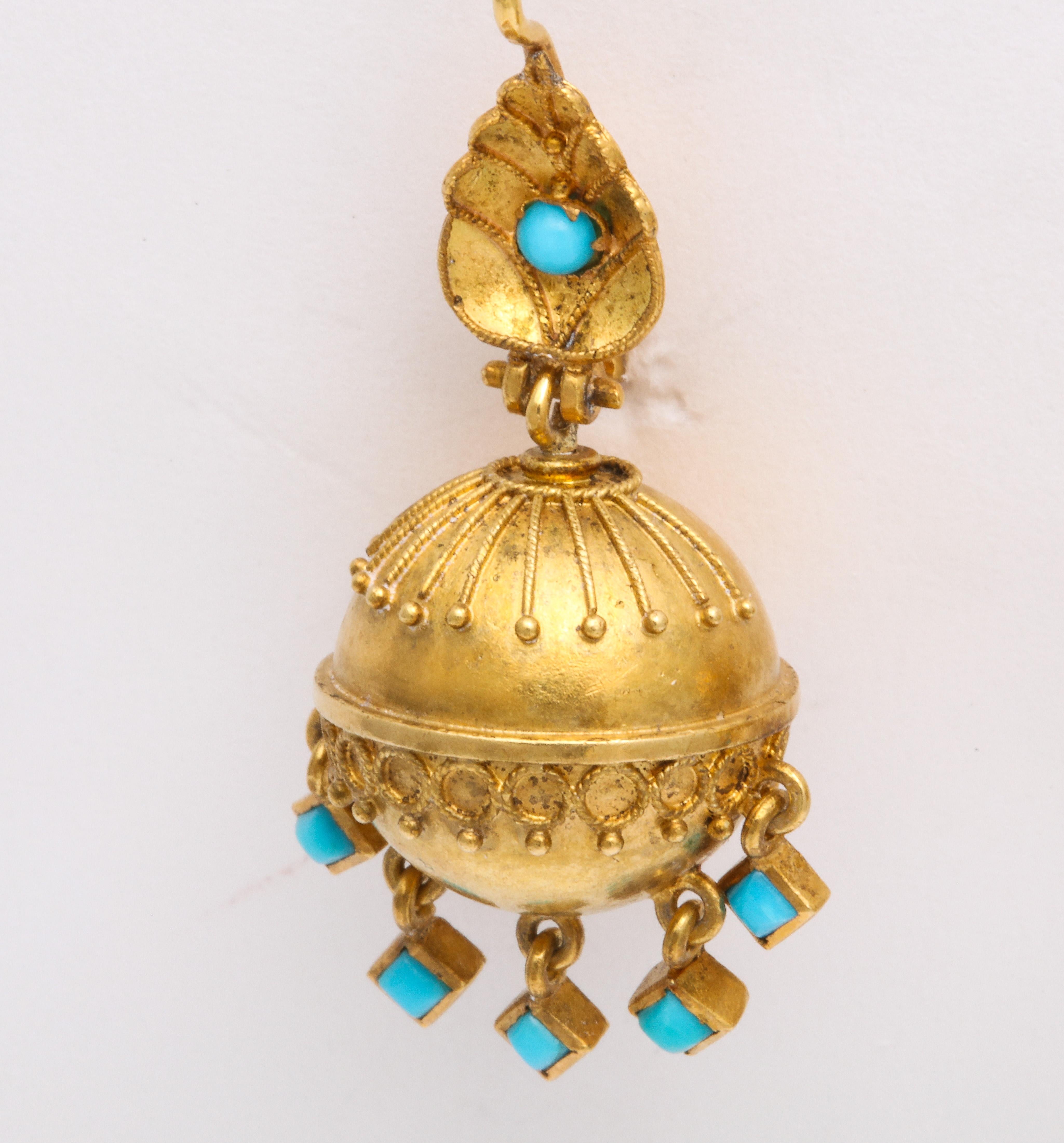 Beauty is not a question when talking about these gold and turquoise Etruscan Revival drop earrings; it is a given. The earrings are all original, which is a rare to find. They have the shell tops they were created with when they were made c. 1870.