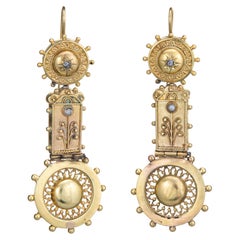 Antique Victorian Etruscan Revival Earrings 14k Gold 2" Drops Pearl Diamond