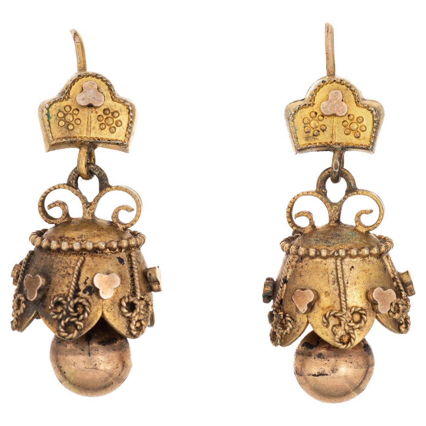 Antique Victorian Etruscan Revival Earrings Bell Drop Vintage 10k Yellow Gold  For Sale