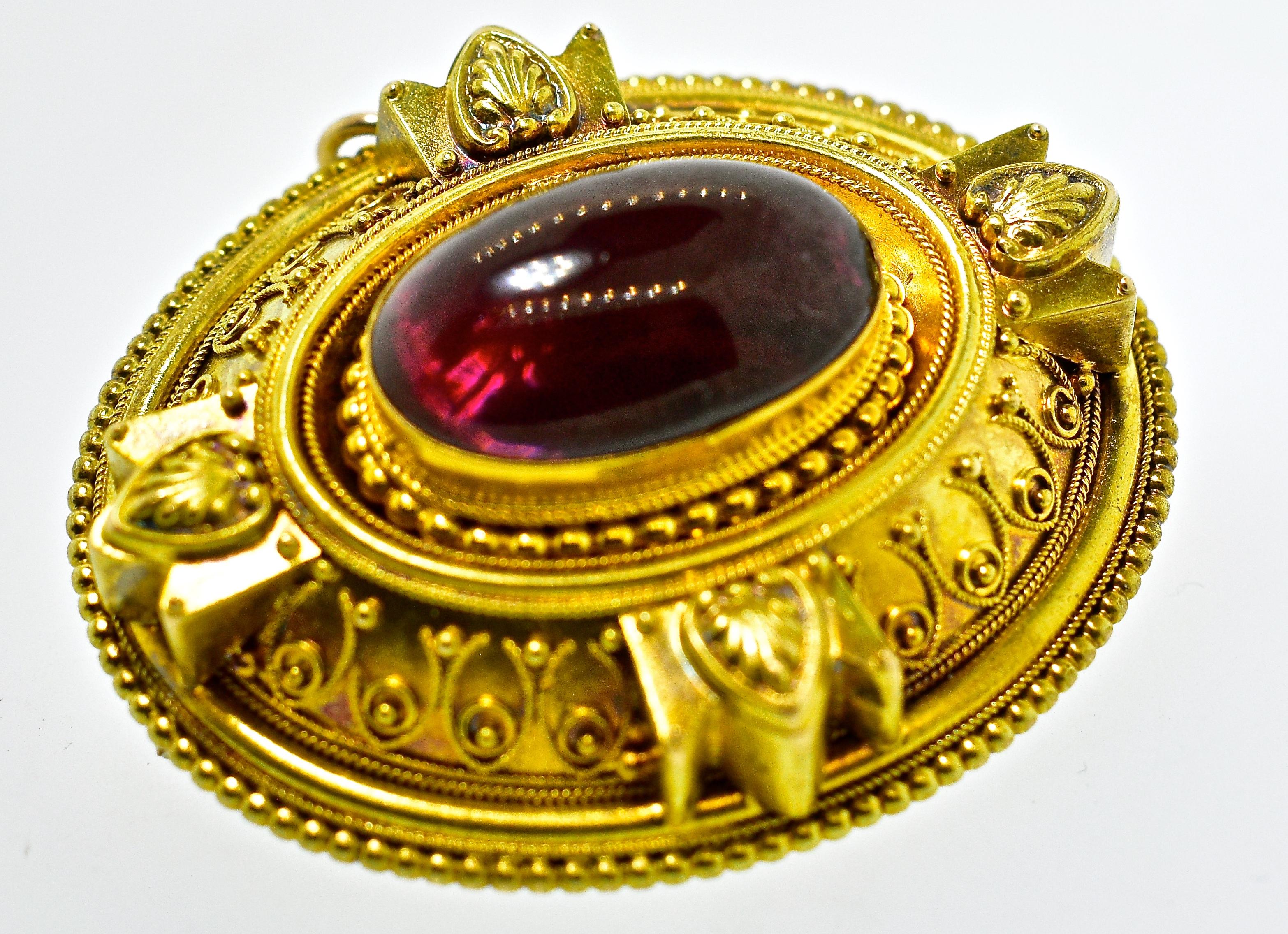 Women's or Men's Antique Victorian Etruscan Revival Garnet Brooch, circa 1880