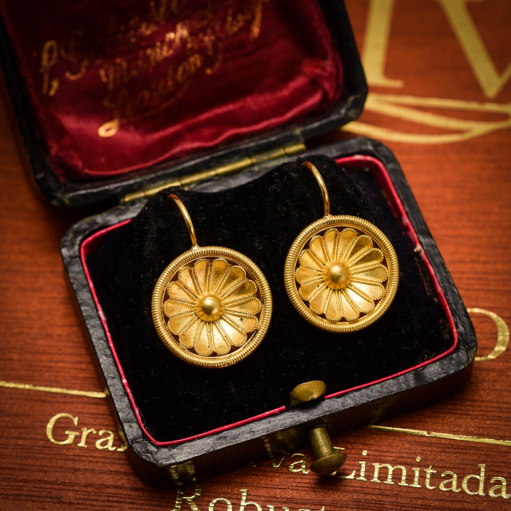 Women's Antique Victorian Etruscan Revival Gold Flower Earrings