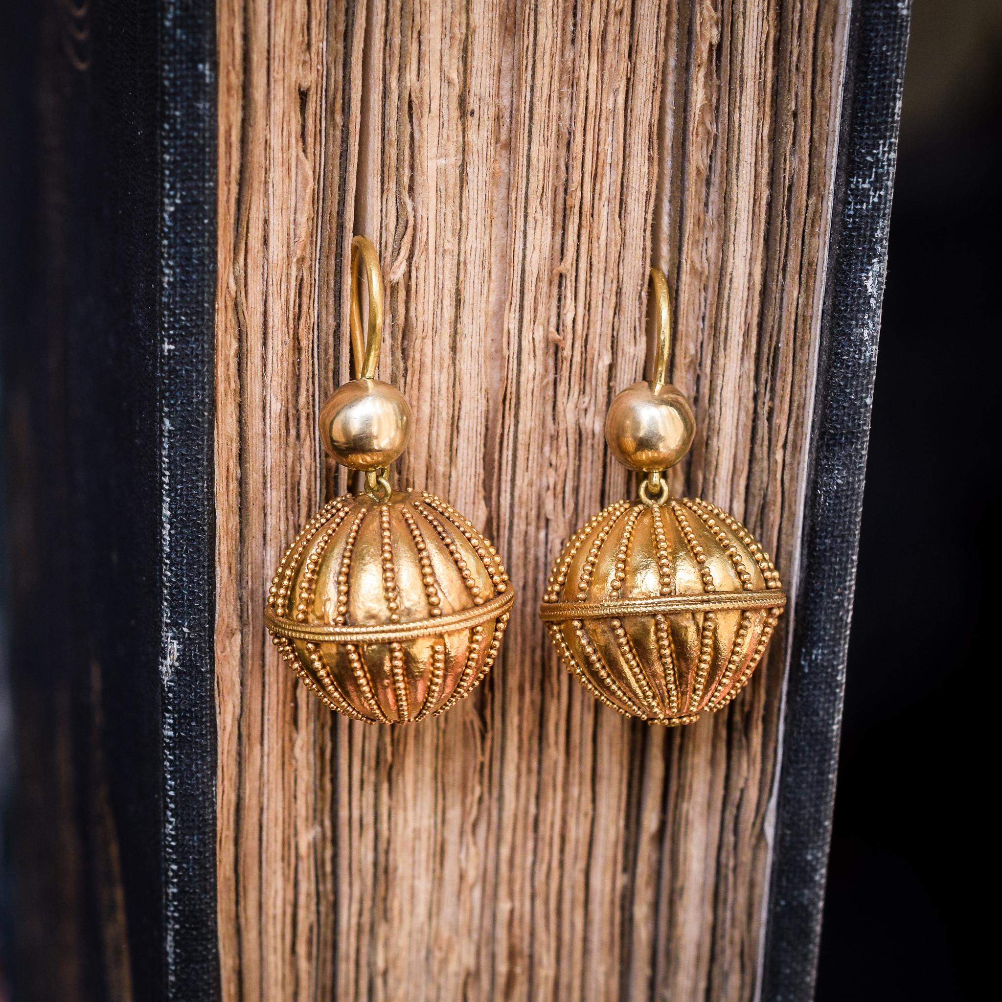 Antique Victorian Etruscan Revival Gold Orb Earrings 1