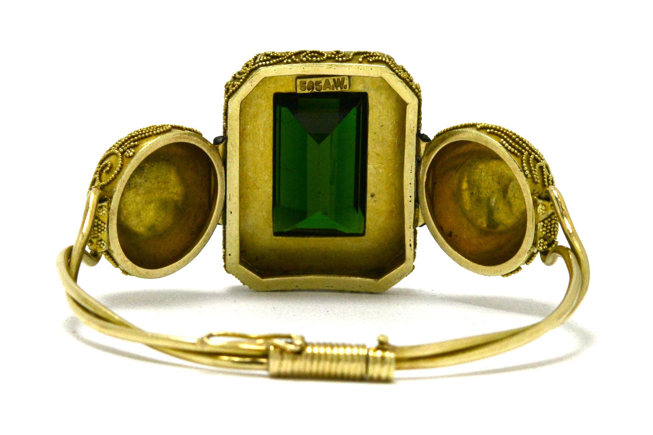 Antique Victorian Etruscan Revival Green Tourmaline Enamel Gold Bracelet 23 Ct 2