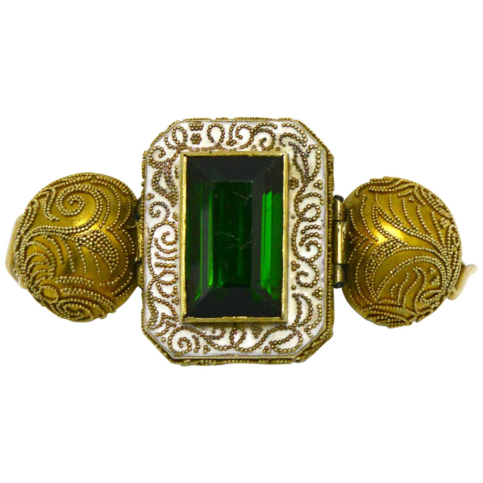 Antique Victorian Etruscan Revival Green Tourmaline Enamel Gold Bracelet 23 Ct