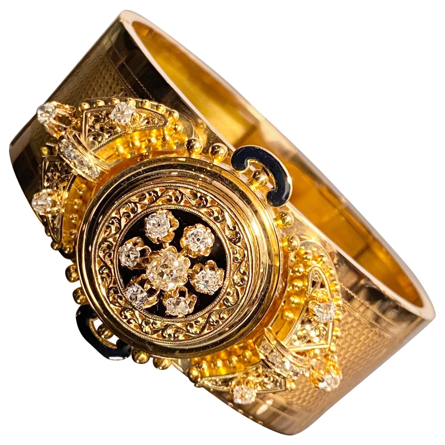 Antique Victorian Etruscan Revival Old Diamond Enamel Bangle Bracelet Rose Gold