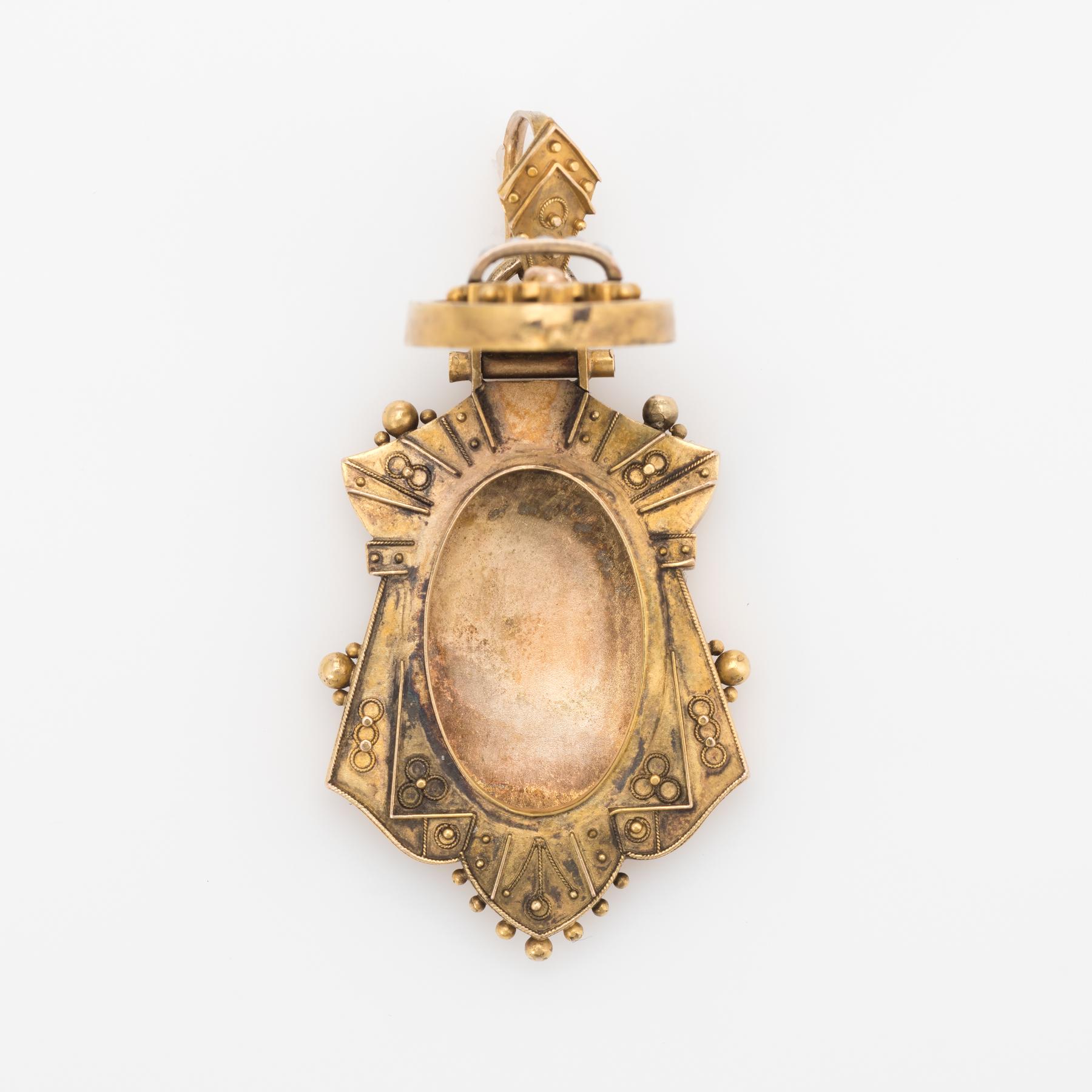Antique Victorian Etruscan Revival Pendant Locket 14 Karat Gold Seed Pearls 1