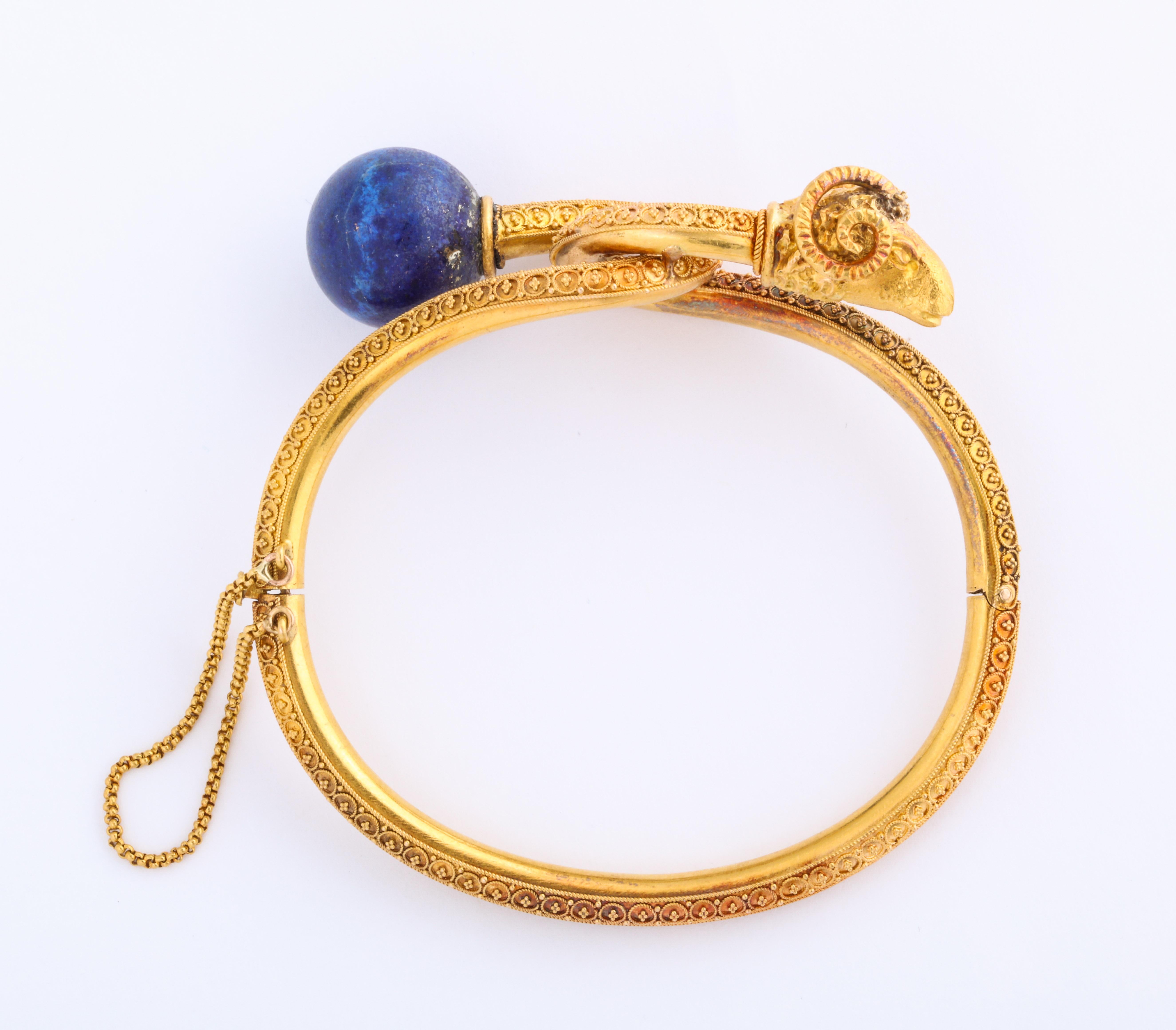 Egyptian Revival Antique Victorian Etruscan Revival Ram Head, Lapis Bracelet