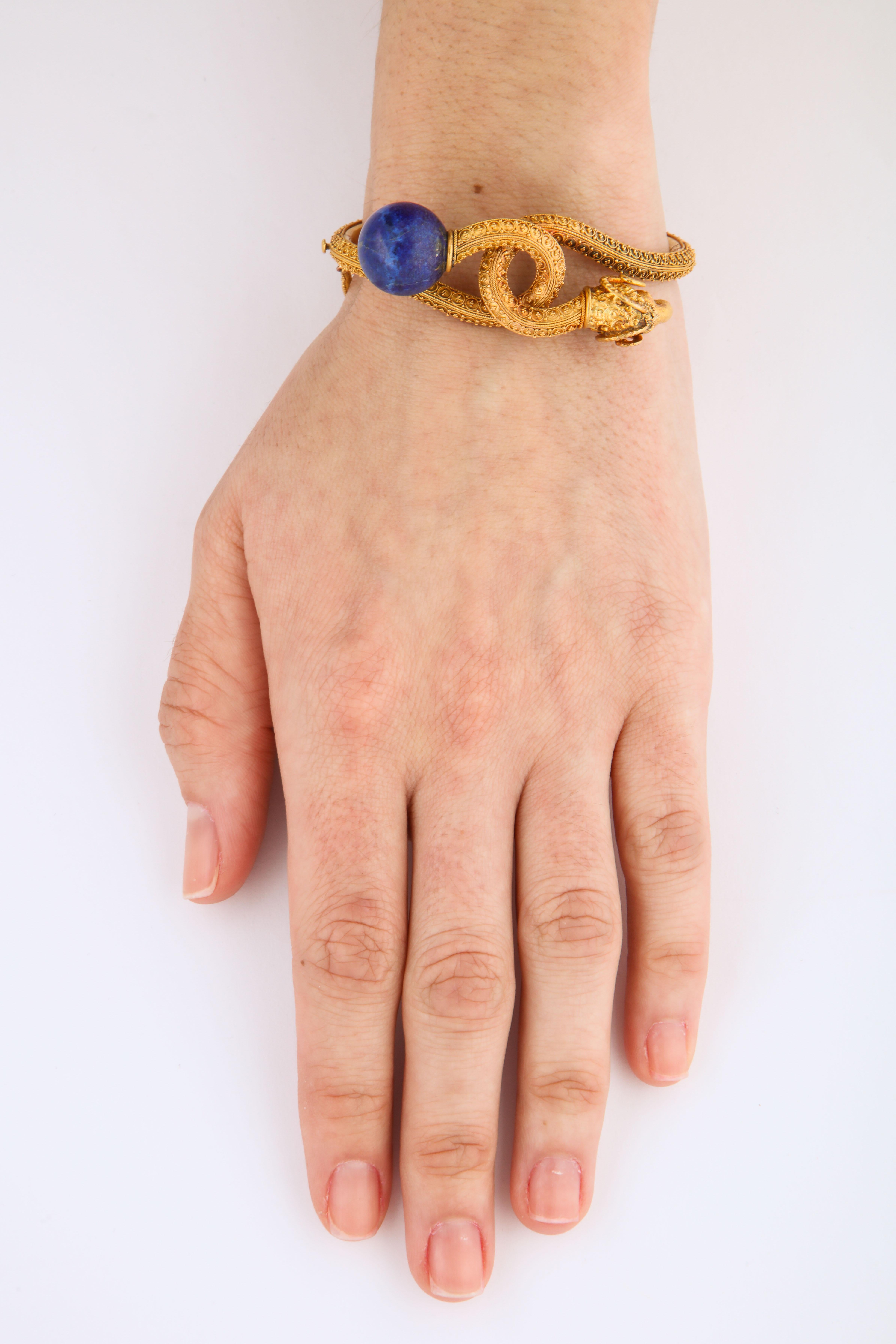 Antique Victorian Etruscan Revival Ram Head, Lapis Bracelet 1
